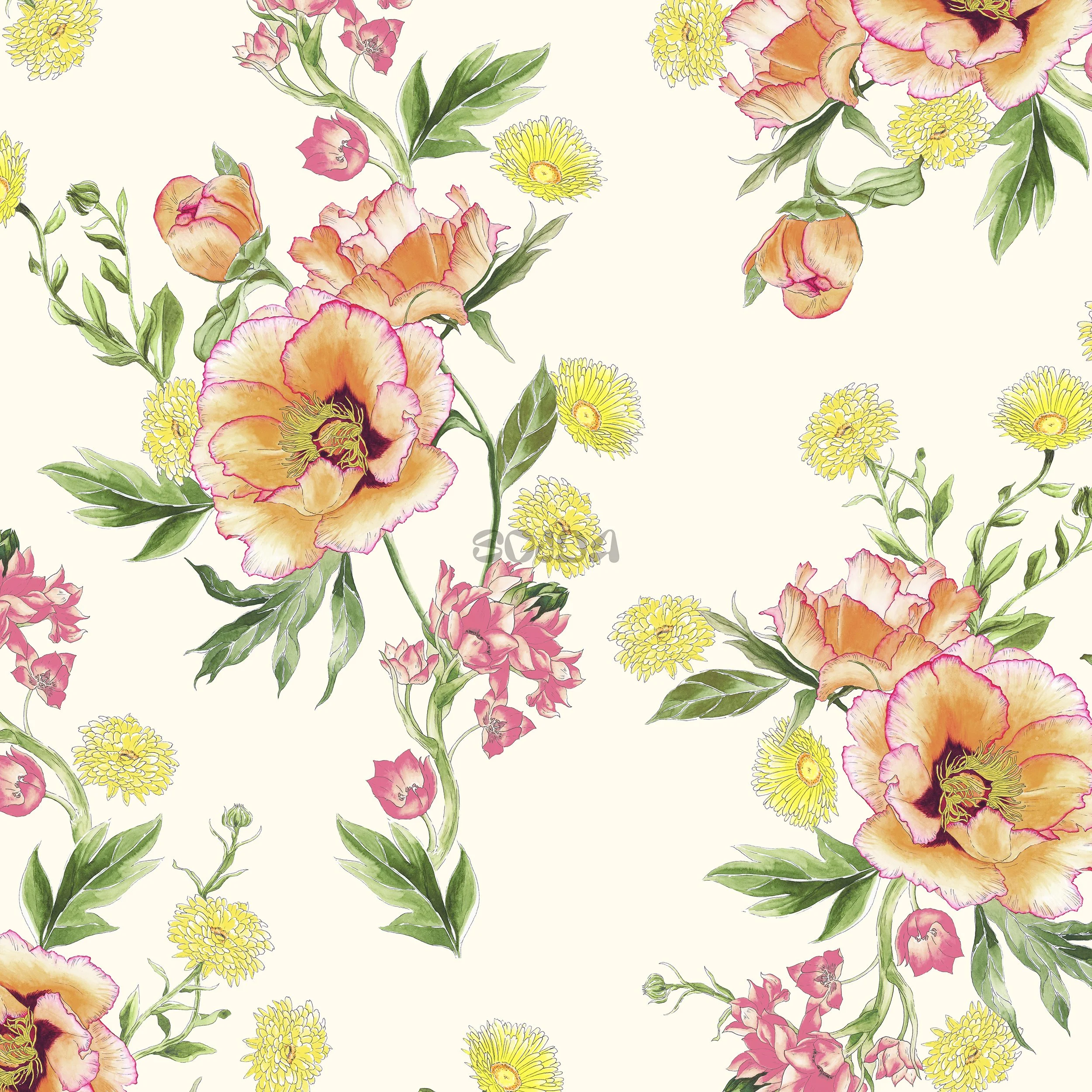 Pattern of peach and pink flowers with green leaves and yellow smaller flowers on a cream background.
