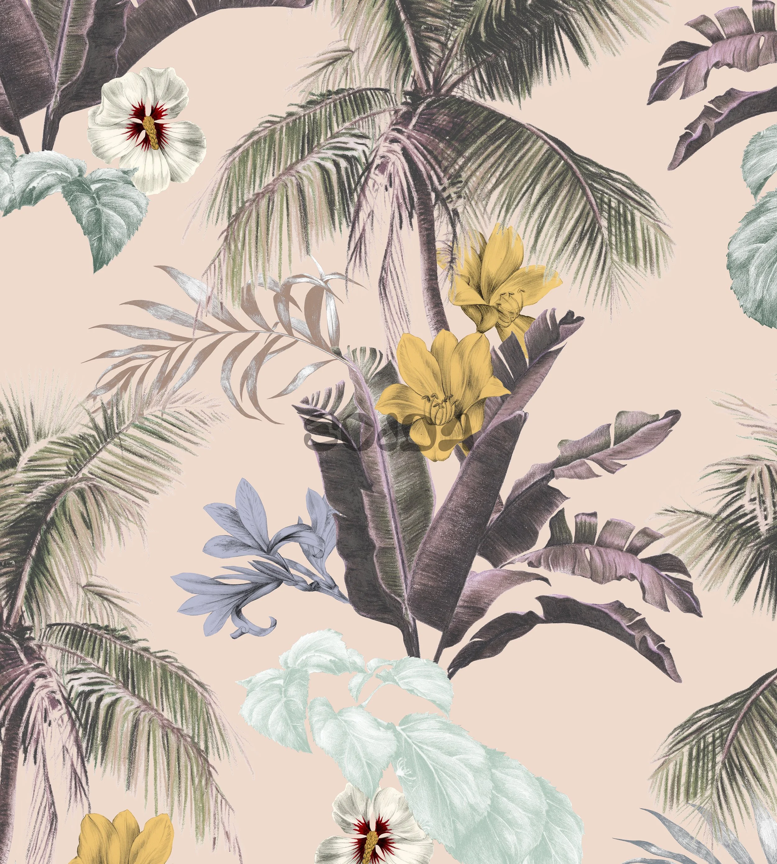 Pattern with tropical flowers, banana leaves, and palm trees on a pale pink background.