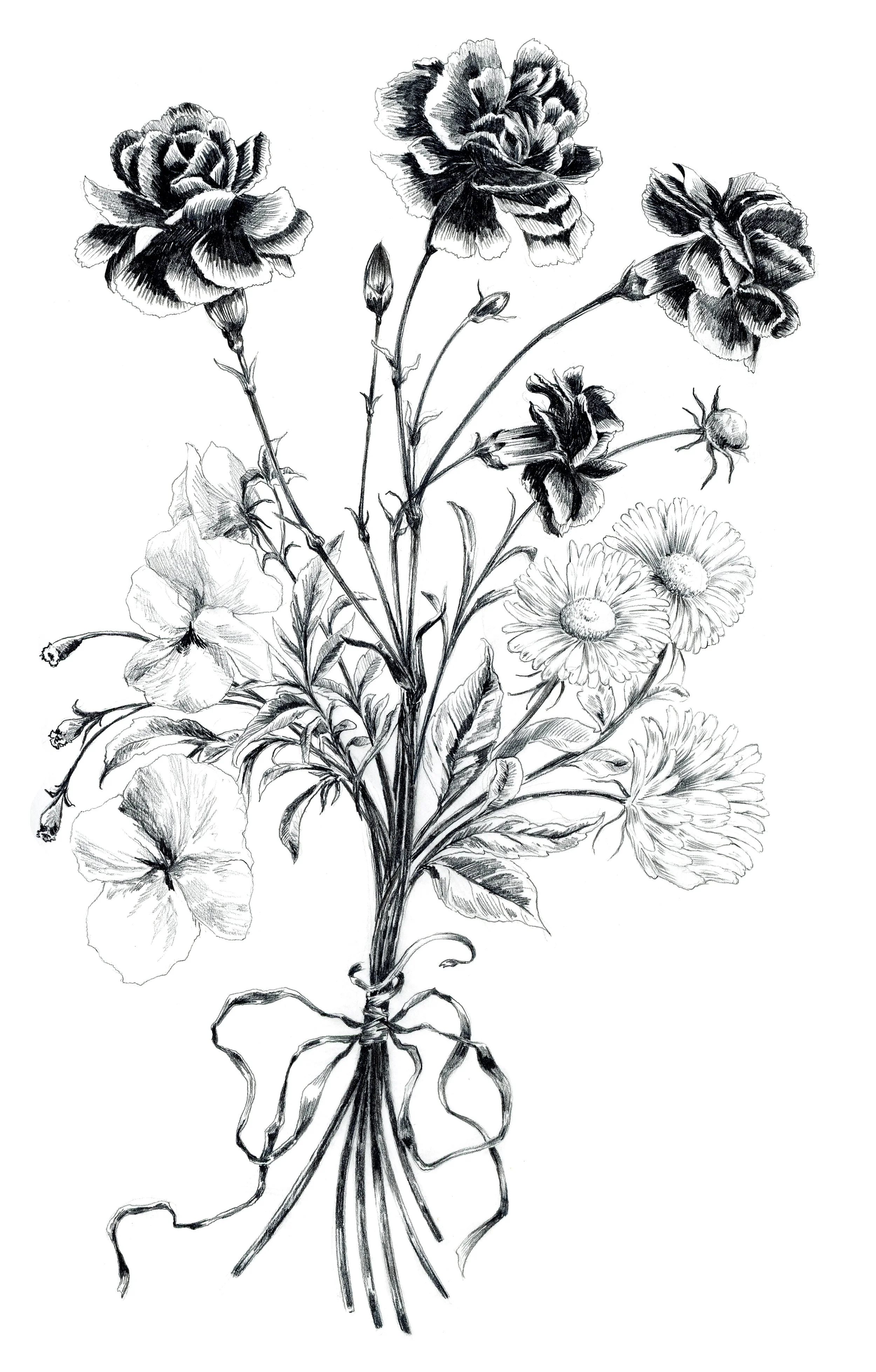 Black and white sketch of a bouquet of flowers, including roses, daisies, and other blossoms, tied together with a ribbon.