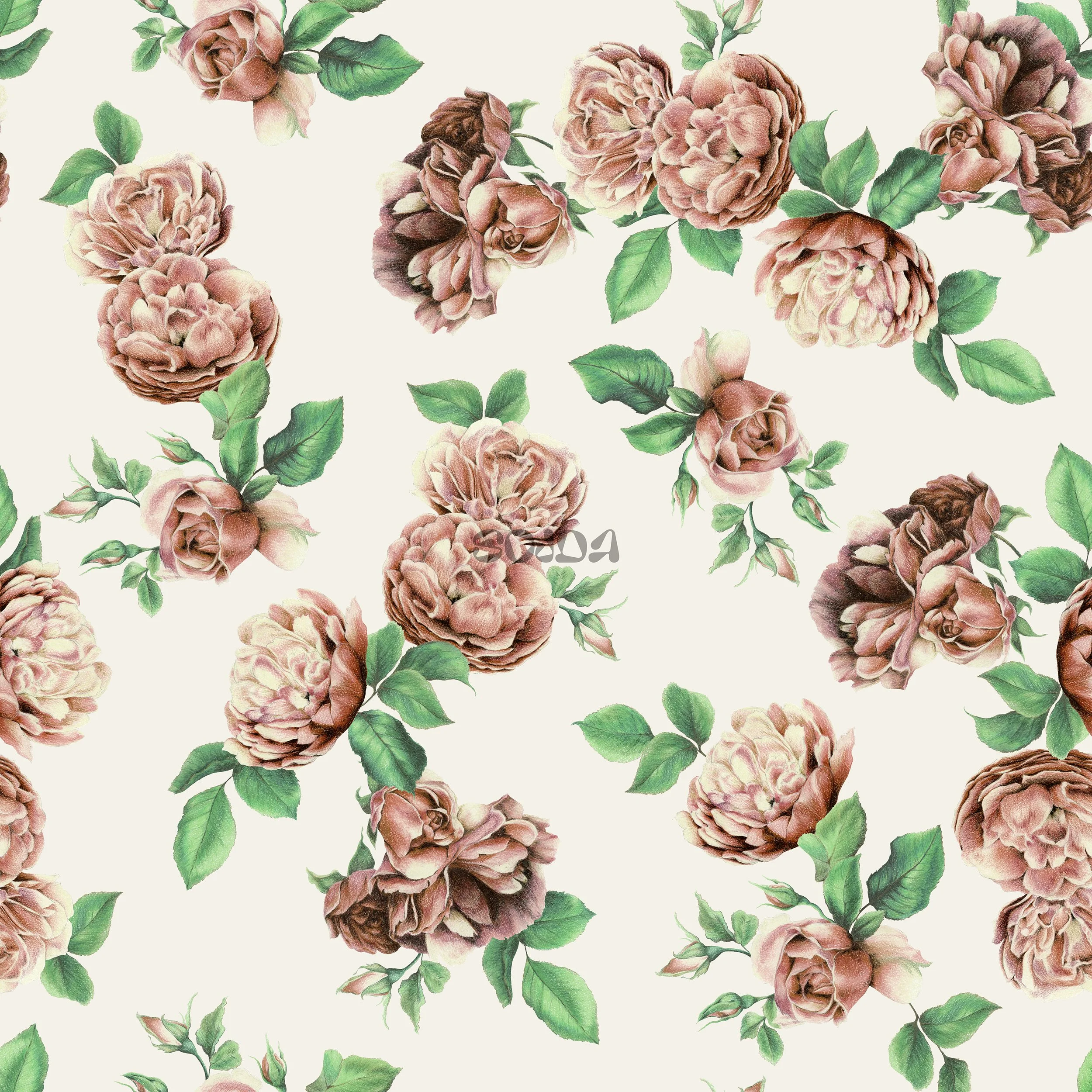 Pattern of pink roses with green leaves on a light background.