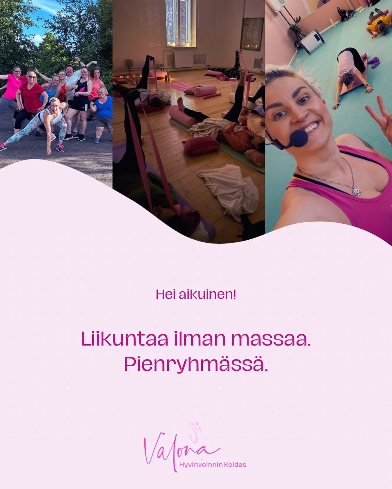 ✨ Liikuntaa ilman massaa - pienryhmiss&auml; Tampereella✨

Kaipaatko liikuntaa, jossa sinut oikeasti kohdataan?
Ei massaryhm&auml;ss&auml;, vaan pieness&auml;, asiantuntevassa ja turvallisessa ilmapiiriss&auml;.

Valona tarjoaa ohjattuja pienryhm&aum