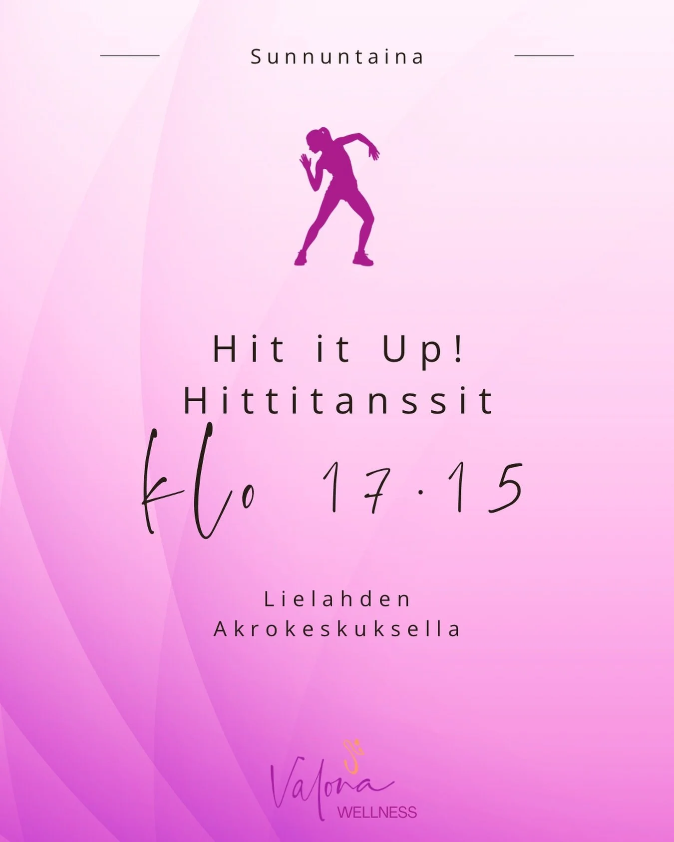 Sunnuntai-illan ilo on t&auml;&auml;ll&auml;!
Hittitanssit kutsuvat nauttimaan musiikista, liikkeest&auml; ja hyv&auml;st&auml; fiiliksest&auml;.

T&auml;m&auml; tunti on aikuisille naisille, jotka kaipaavat helppoa, hauskaa ja sopivan hikist&auml; t