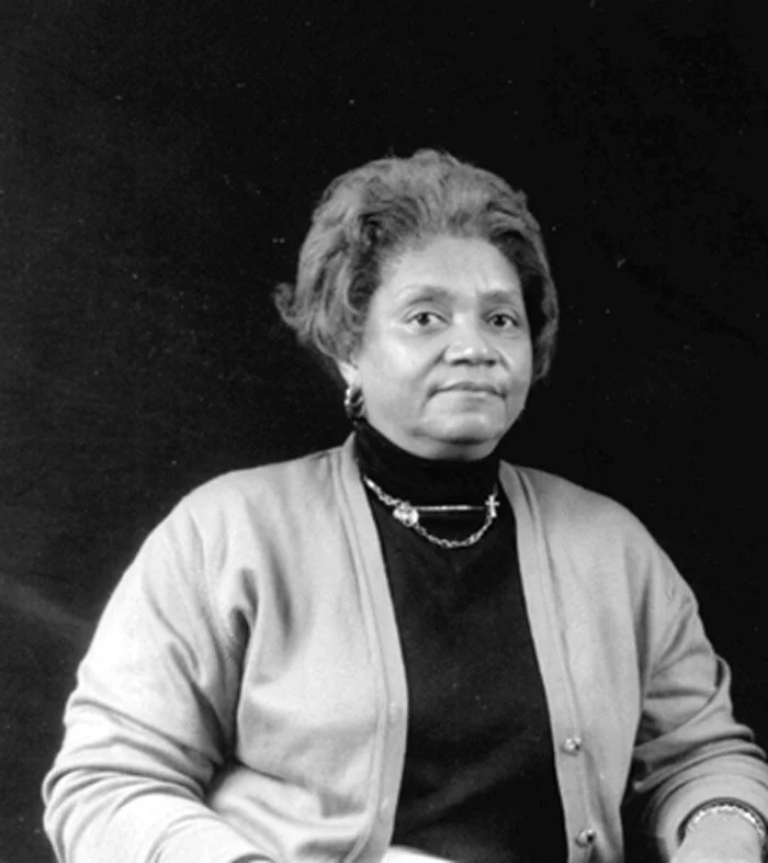 Beautiful grey haired Black woman wearing a black polo neck top, light cardigan and necklace with a small coy smile