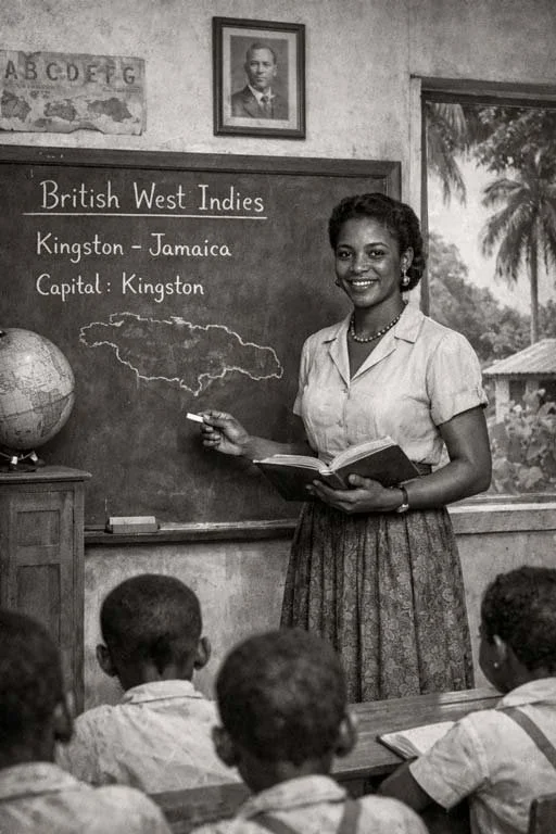 Depiction of a jamaican teacher educating a classroom of young jamaican children in the 1950s