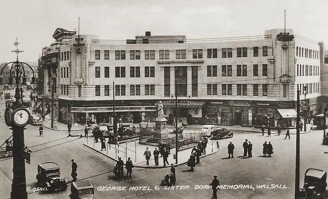 Walsall in the 1900s', depicted by an old photo postcard of The George Hotel and Sister Dora Memorial
