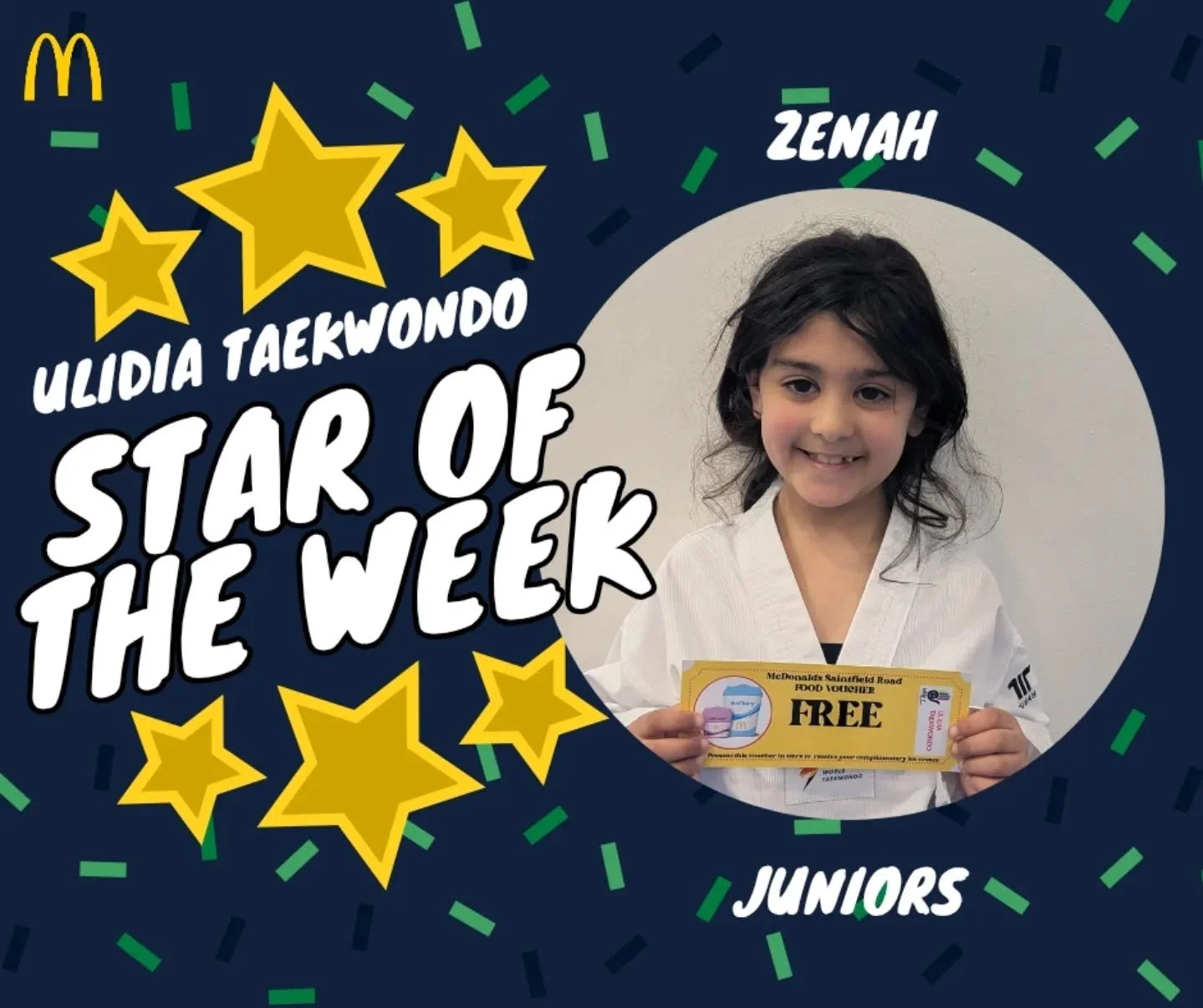 ⭐ 𝗦𝘁𝗮𝗿𝘀 𝗼𝗳 𝗧𝗵𝗲 𝗪𝗲𝗲𝗸! ⭐ 
Well done to Zenah, Sarah and Theja for being last week's Stars of the Week!
 #ulidiataekwondo #taekwondo #martialarts #carryduff #mcdonalds