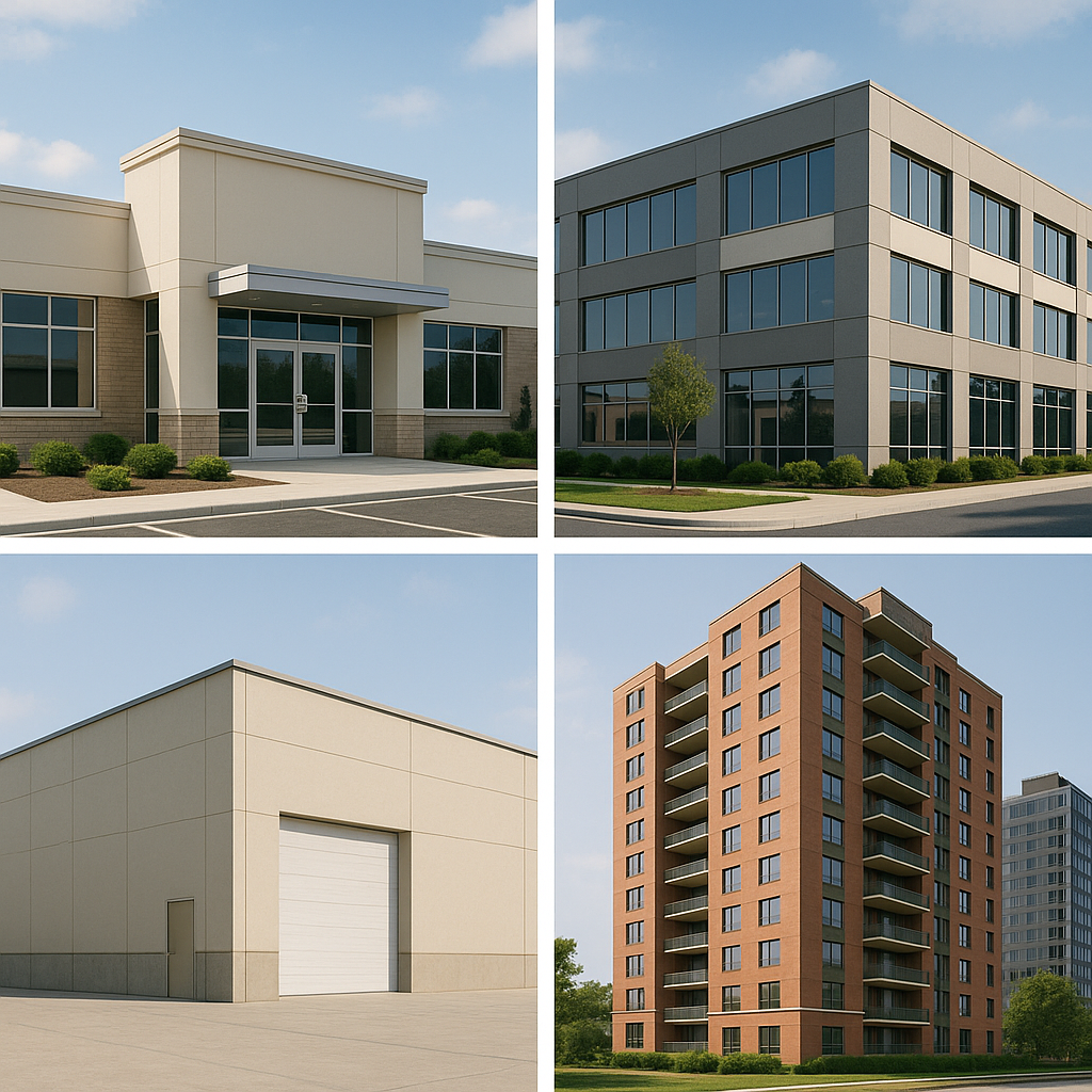 Collage of four buildings: a modern office with glass doors, a four-story office building with large windows, a beige industrial warehouse with a large garage door, and a brick residential apartment building with balconies.