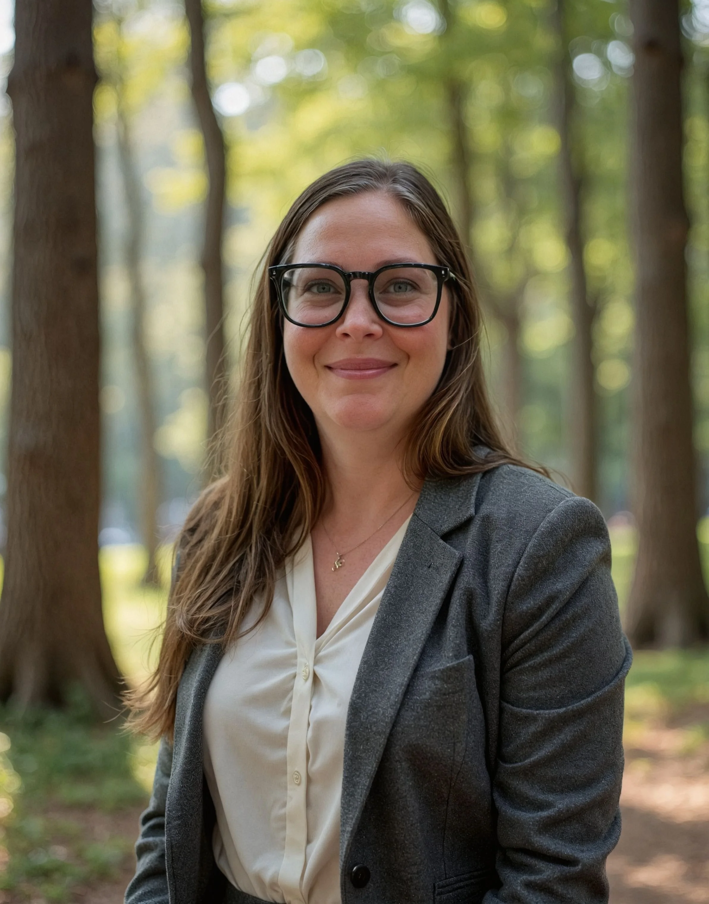 A woman wearing glasses, a white blouse, and a gray blazer standing outdoors among trees.