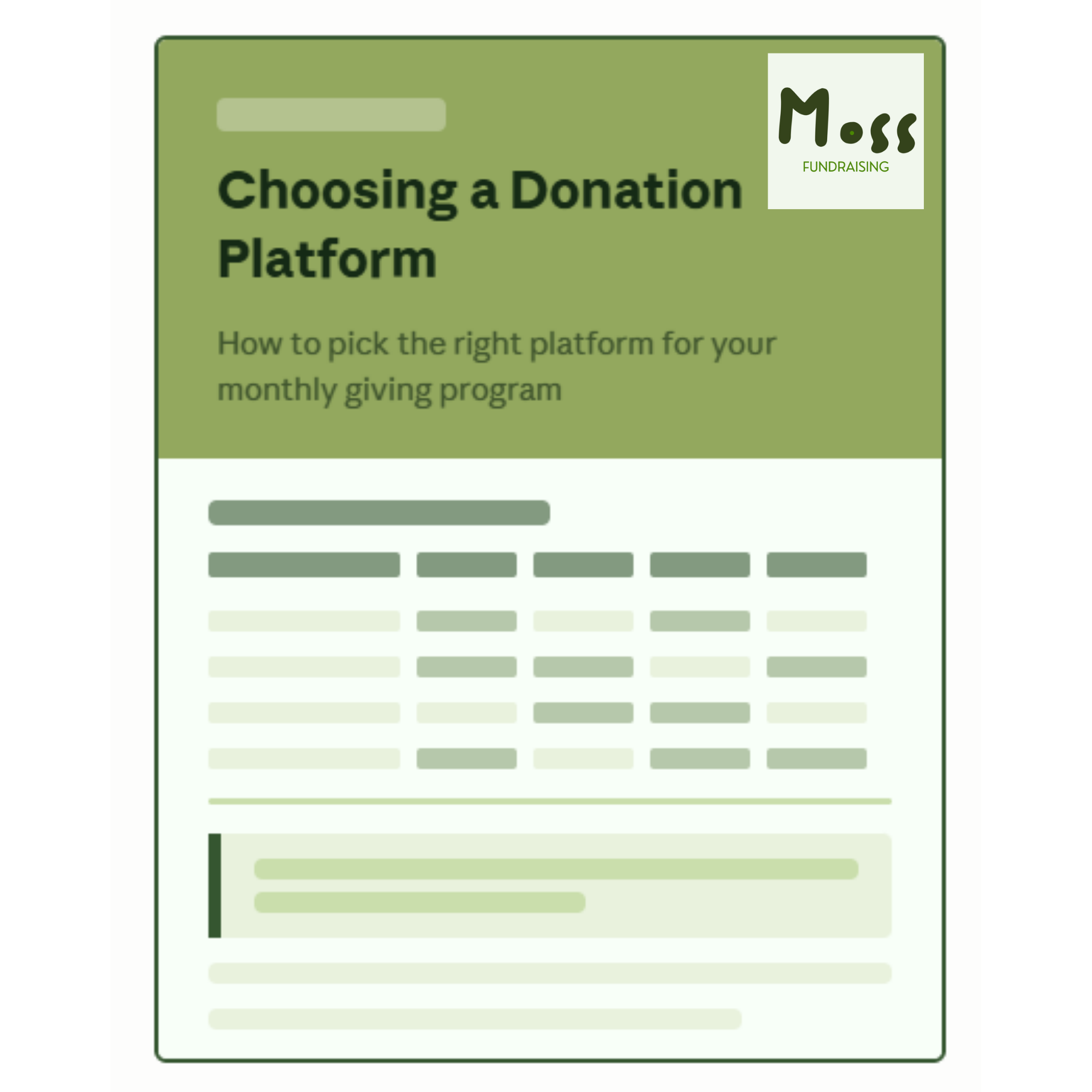 An image titled "Choosing a Donation Platform", "How to pick the right platform for your monthly giving program" with the Moss Fundraising logo. Looks like an example report.