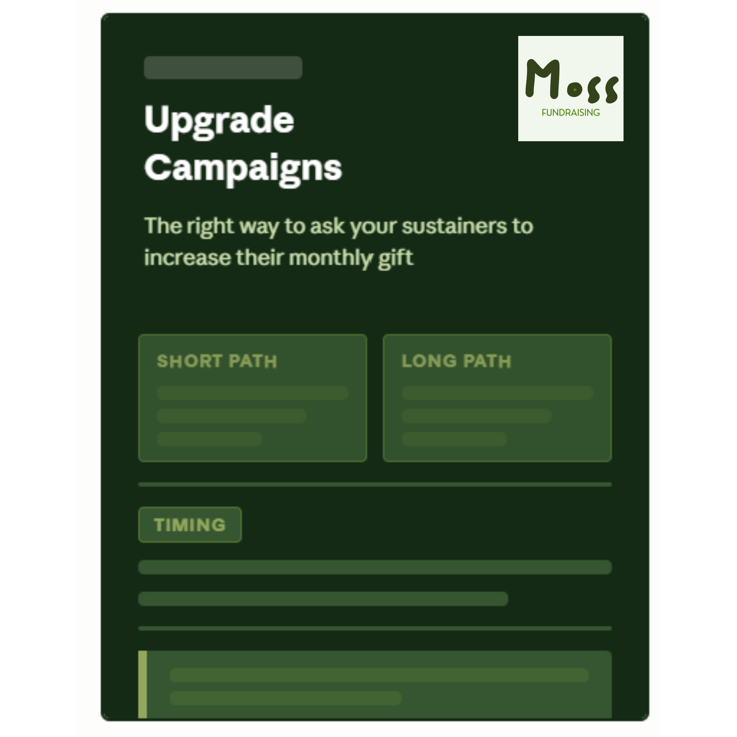 An image titled "Upgrade Campaigns", "The right way to ask your donors to increase their monthly gift" with the Moss Fundraising logo. Looks like an example report.