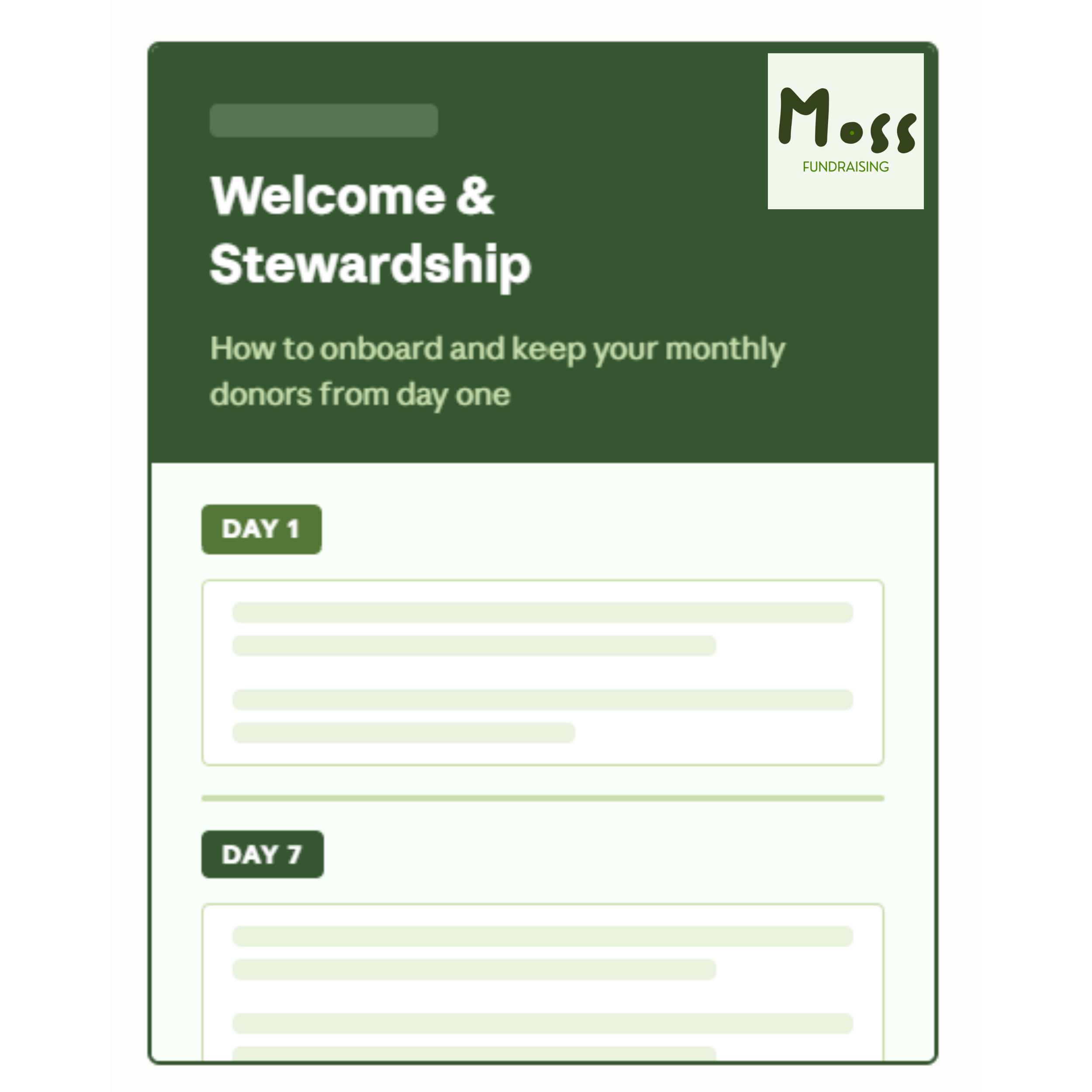 An image titled "Welcome & Stewardship", "How to onboard and keep your monthly donors from day one" with the Moss Fundraising logo. Looks like an example report.