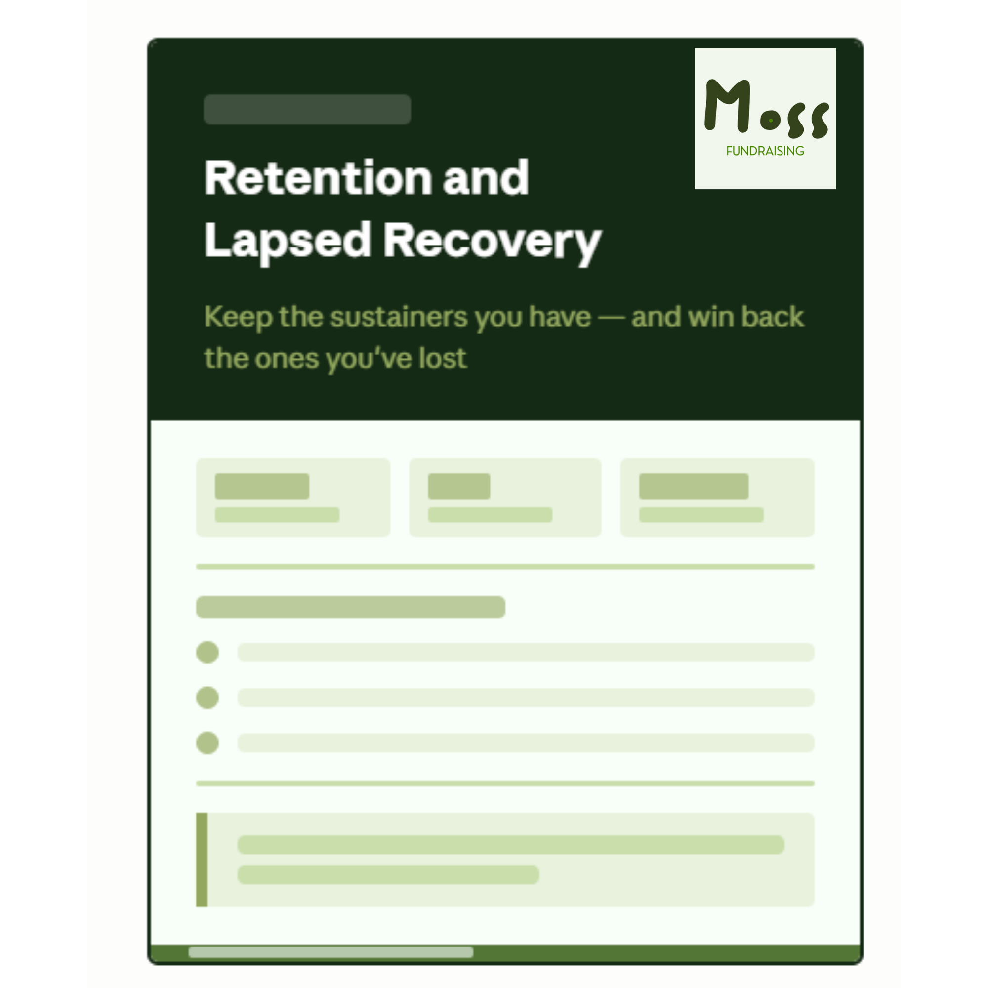 mage titled "Retention and Lapsed Recovery", "Keep the sustainers you have - and win back the ones you've lost" with the Moss Fundraising logo. Looks like an example report.