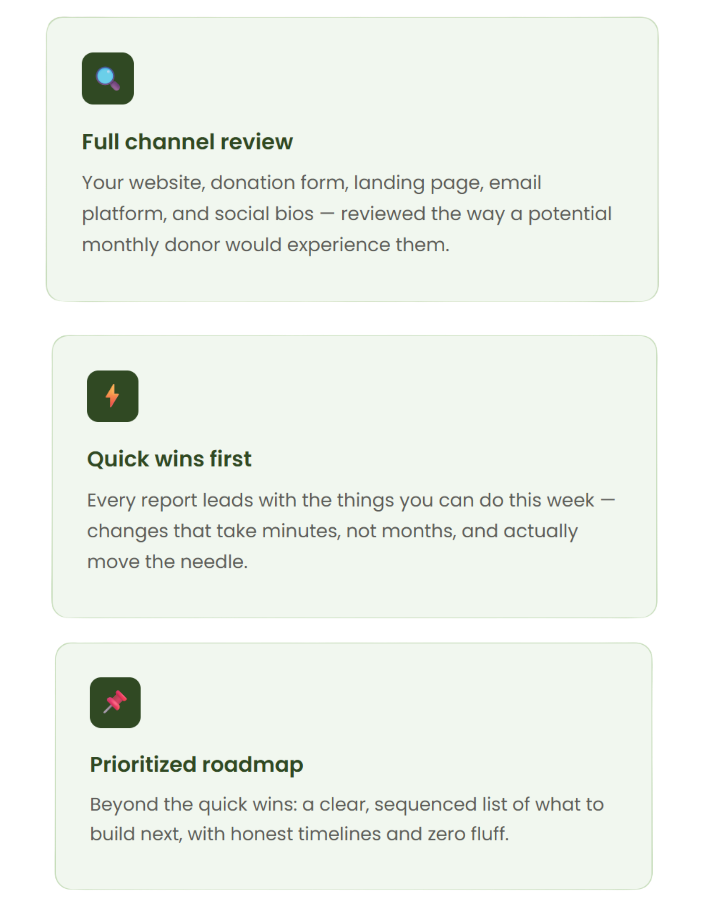 sections titled 'Full channel review', 'Quick wins first', and 'Prioritized roadmap'. Each section contains a brief description of review and planning tips for website development, donation forms, landing pages, email platforms, social bios, and project management.