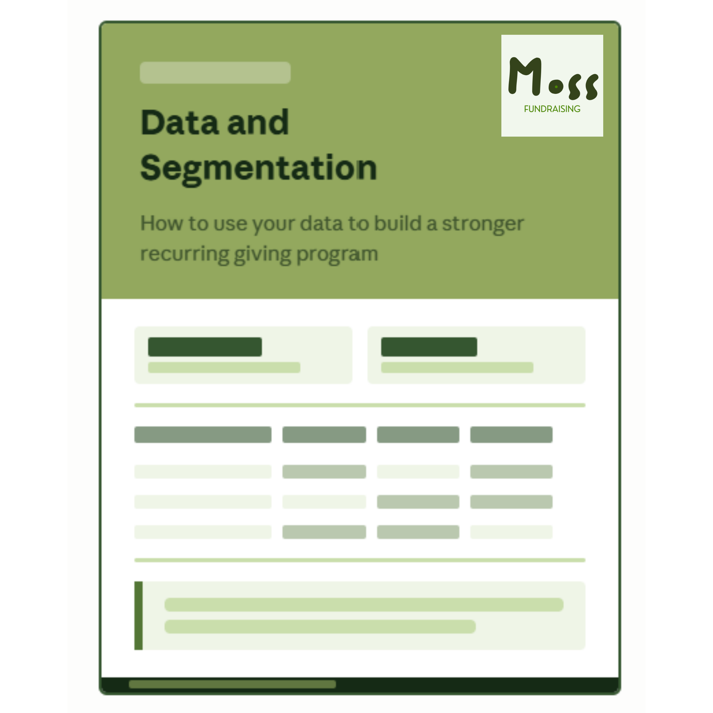 An image titled "Data and Segmentation", "How to use your data to build a stronger recurring giving program" with the Moss Fundraising logo. Looks like an example report.