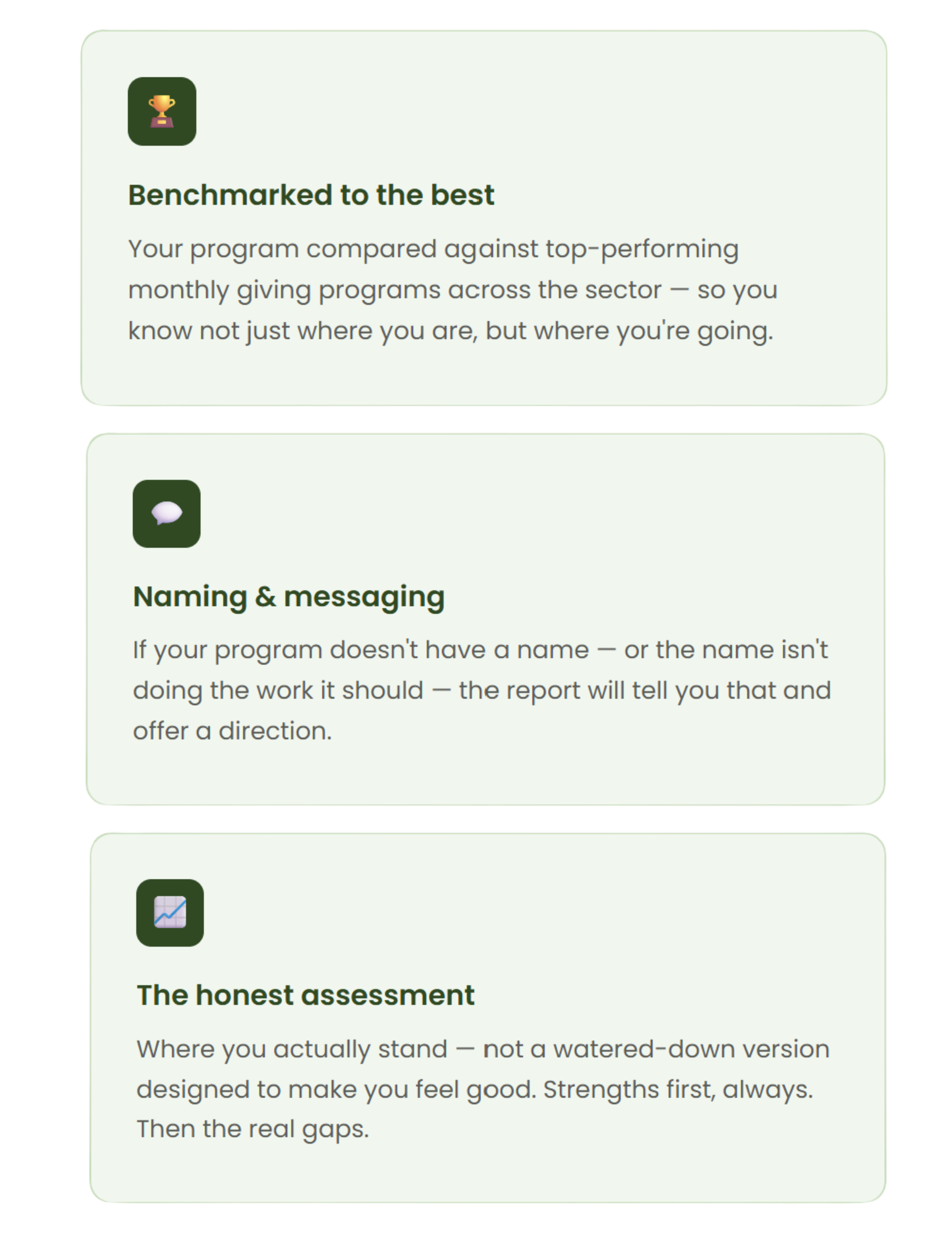 section titles 'Benchmarked to the best', 'Naming & messaging', and 'The honest assessment'. Each section has an icon: a trophy, a speech bubble, and a chart, respectively.