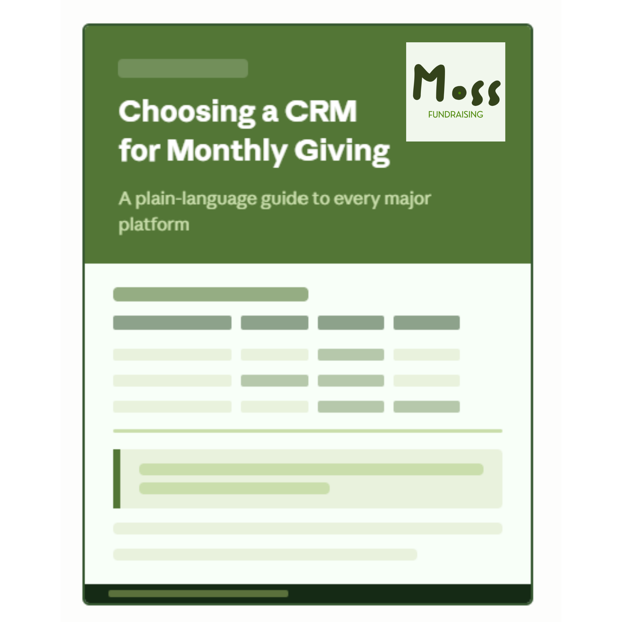 An image titled "Choosing a CRM for Monthly Giving", "a plain-language guide to every major platform" with the Moss Fundraising logo. Looks like an example report.