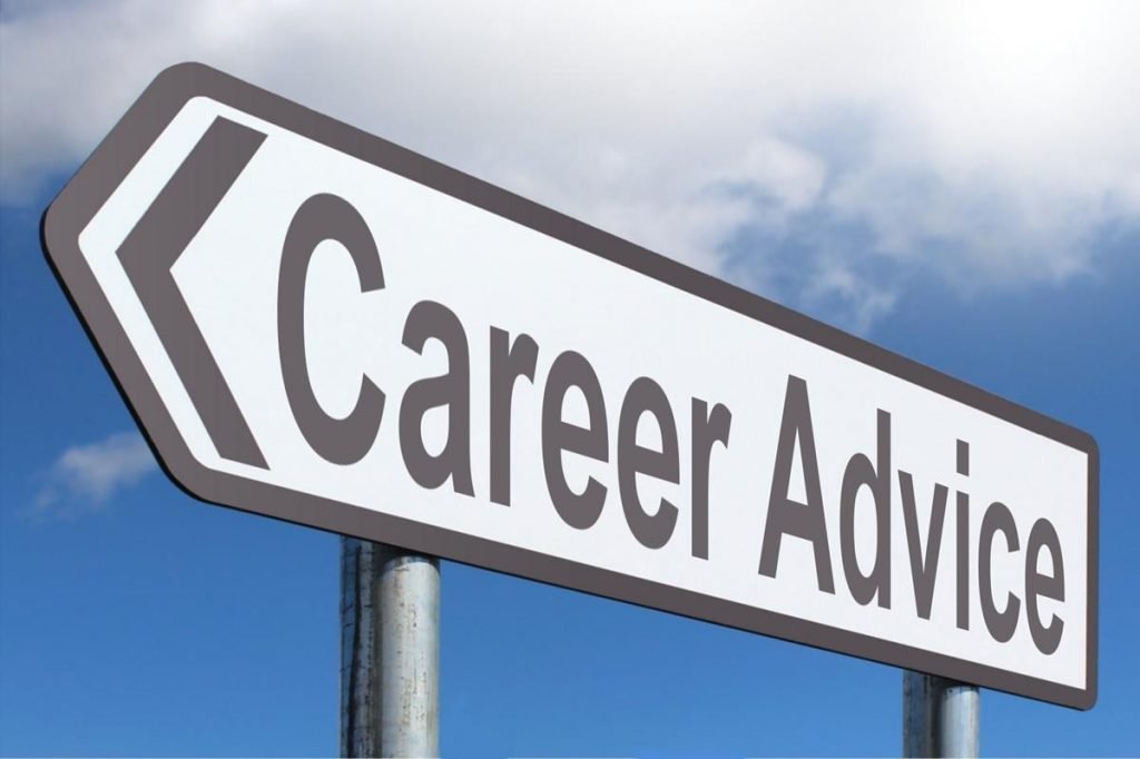 A road sign pointing left that reads "Career Advice" against a cloudy sky background.