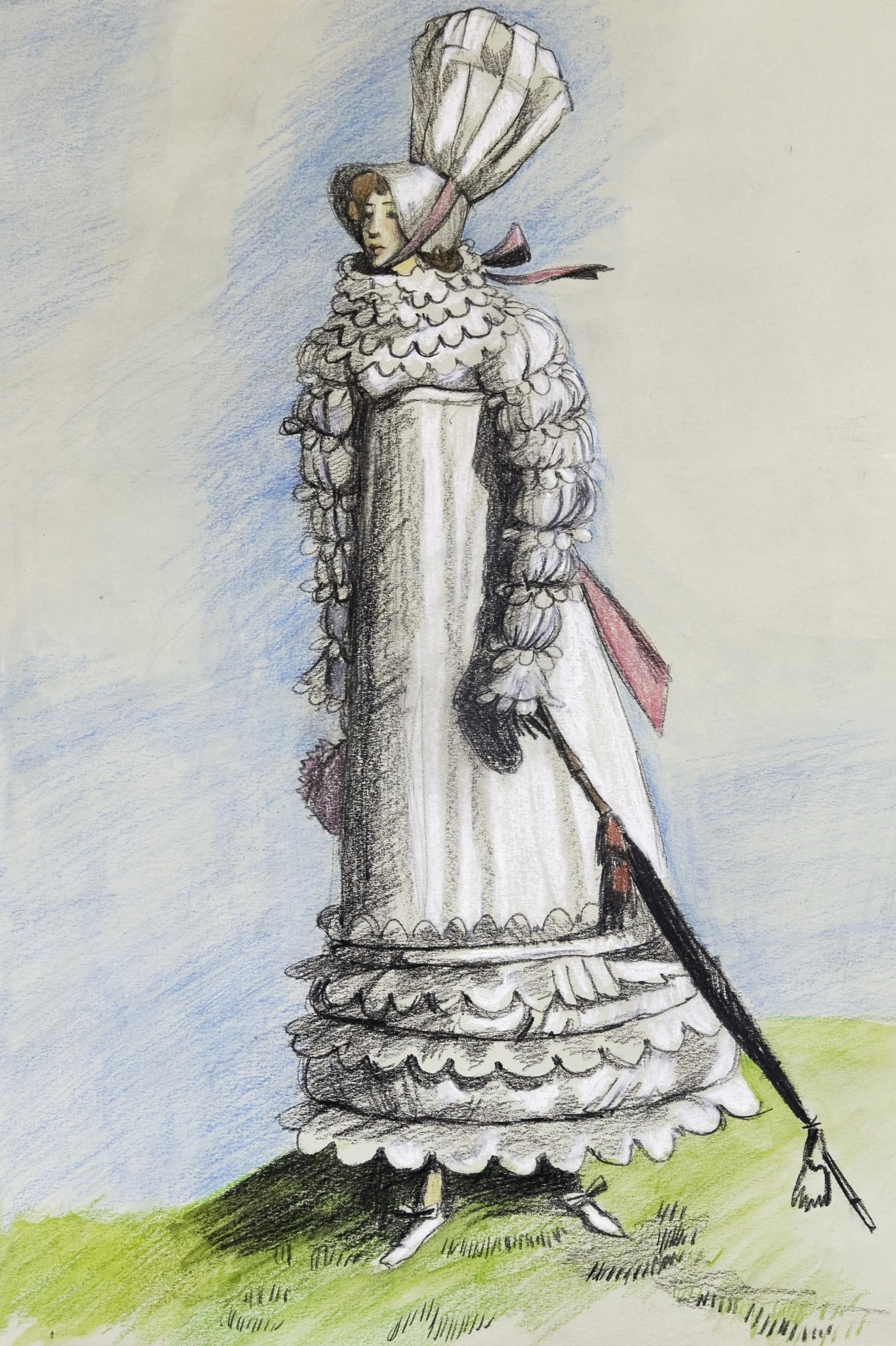 A colored pencil sketch of a woman dressed in 19th-century clothing, standing on a grassy hill, holding a large parasol, with a blue sky background.