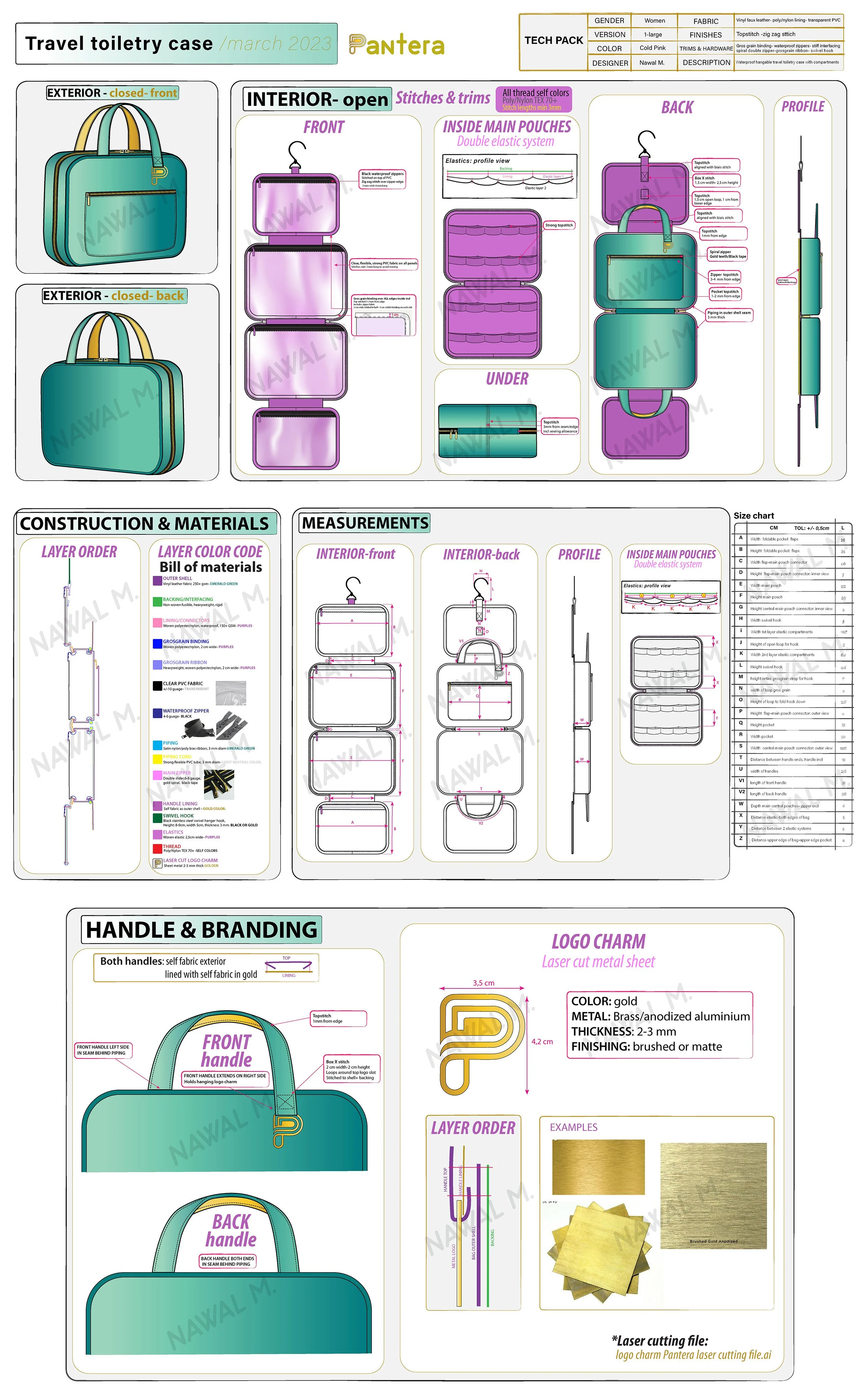 Nawal Mrabet Tech pack travel toiletry case  bag, BOMs, POMs, branding, artwork specs
Garment construction

