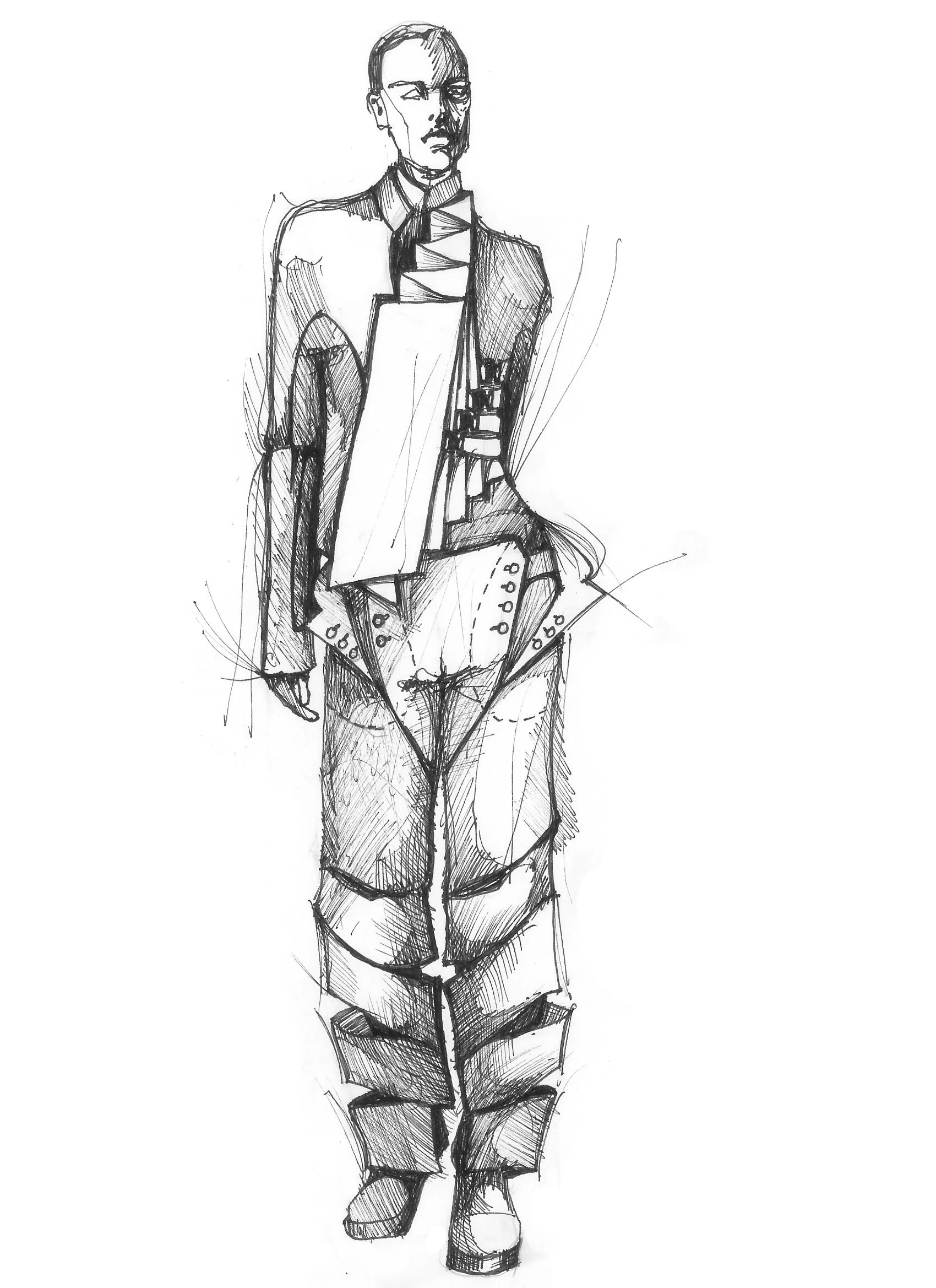 A fashion sketch of a person with short hair, wearing an oversized jacket with large lapels, loose pants with button details, and high boots, drawn in black ink on white paper.