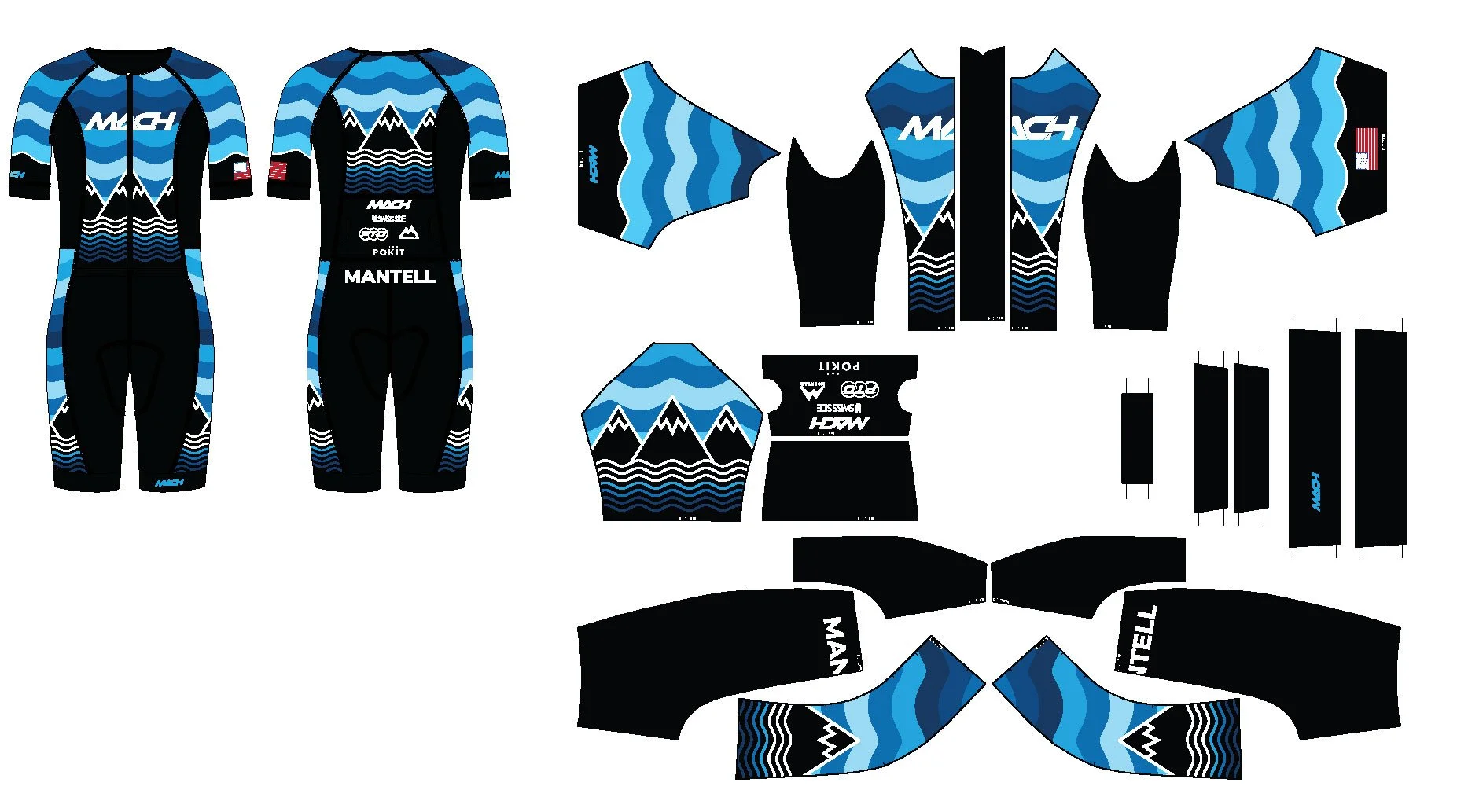 Design template for a blue and black cycling skinsuit with mountain and wave patterns, including various sections such as sleeves, torso, and legs for assembly.