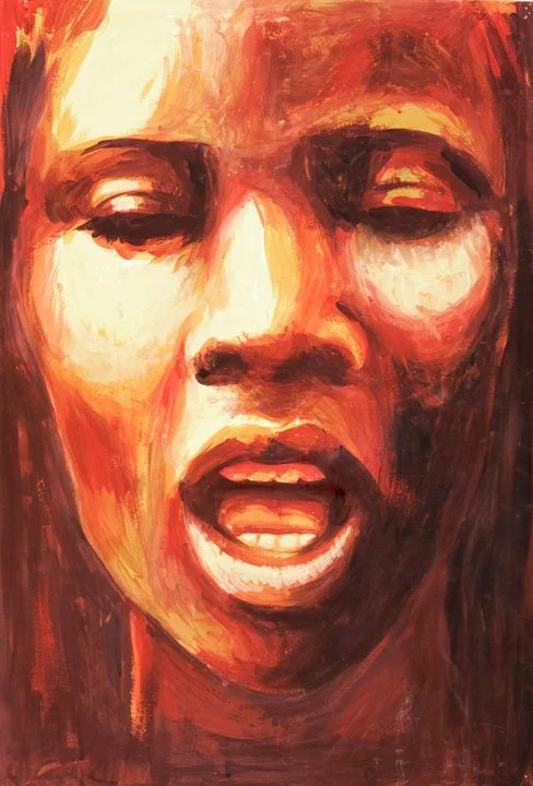 Close-up portrait of a woman with eyes closed and mouth open, painted in a warm, expressive style with red, orange, and beige tones.