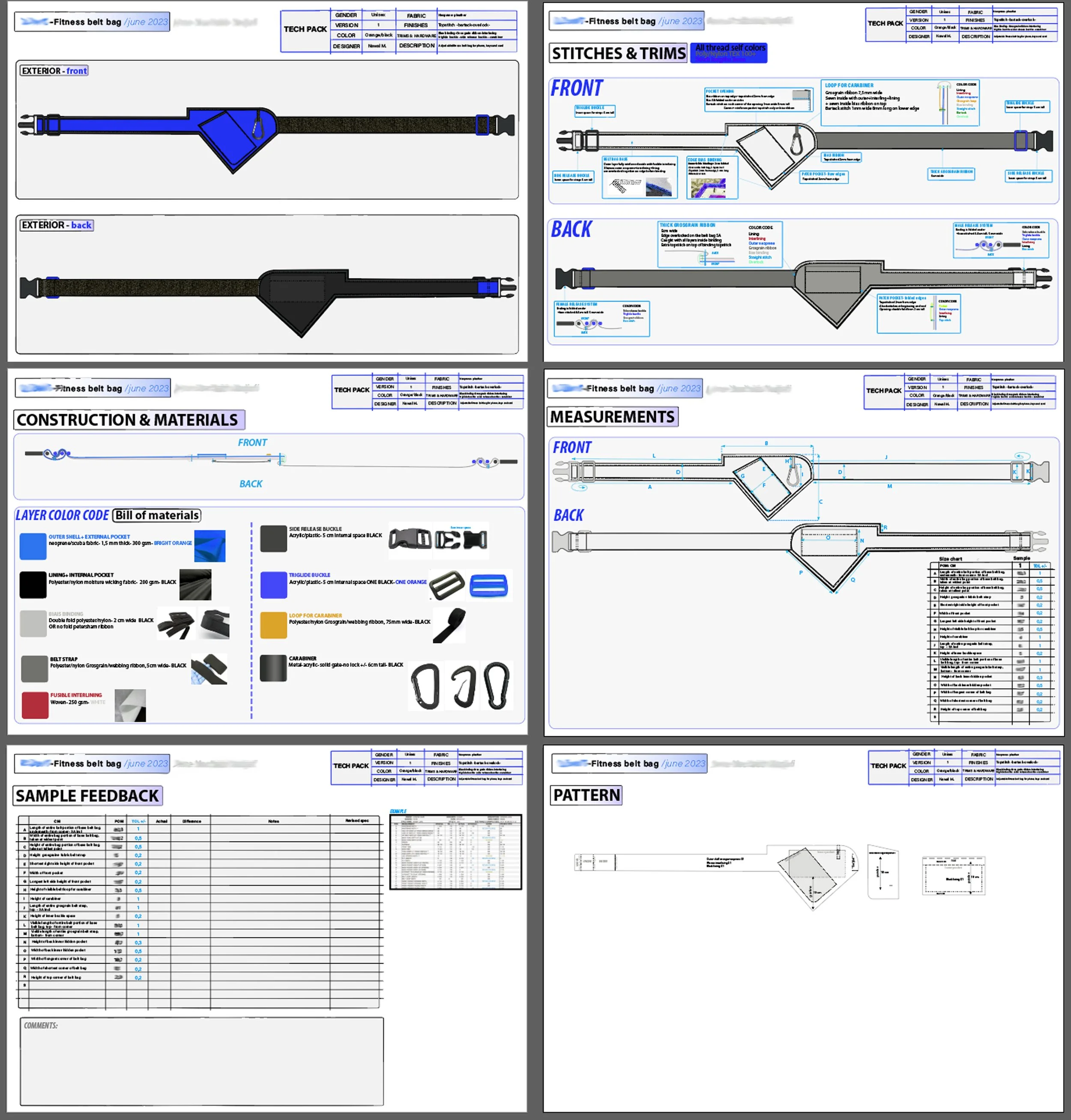 Technical design plans for a fitness belt bag
