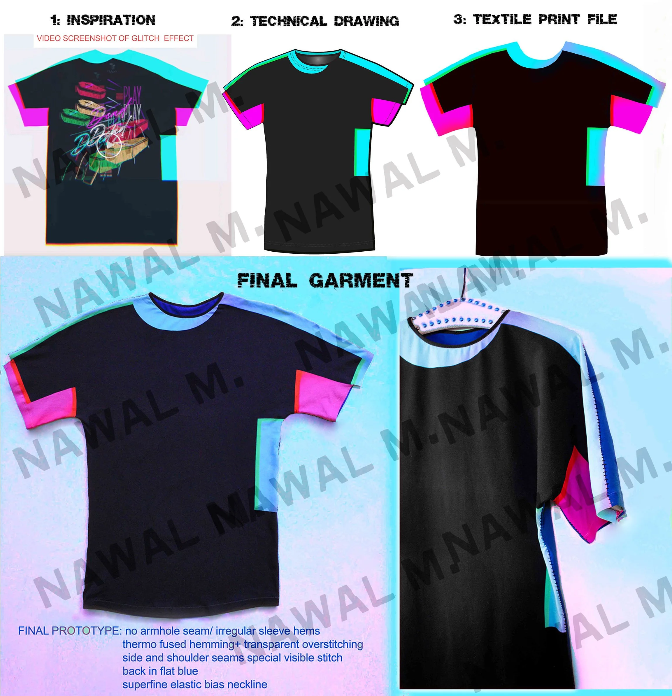 Design process for a stylized black T-shirt with neon pink and blue accents, showing inspiration, technical drawing, textile print, and final garment with unique features like no armhole seams, transparent overstitched side and shoulder seams, and a 