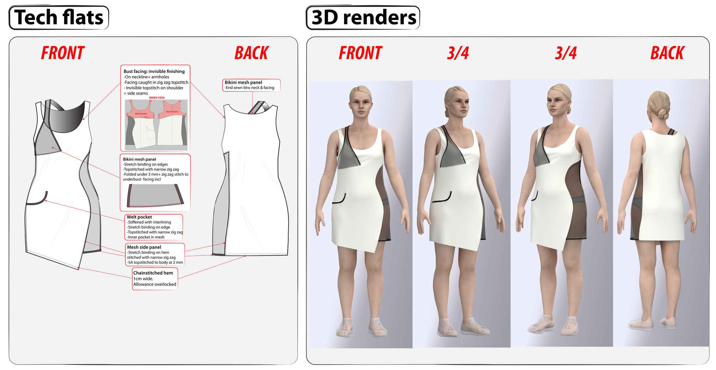 night gown, robe de nuit, design, fashion designer tech pack 3D render, avant garde