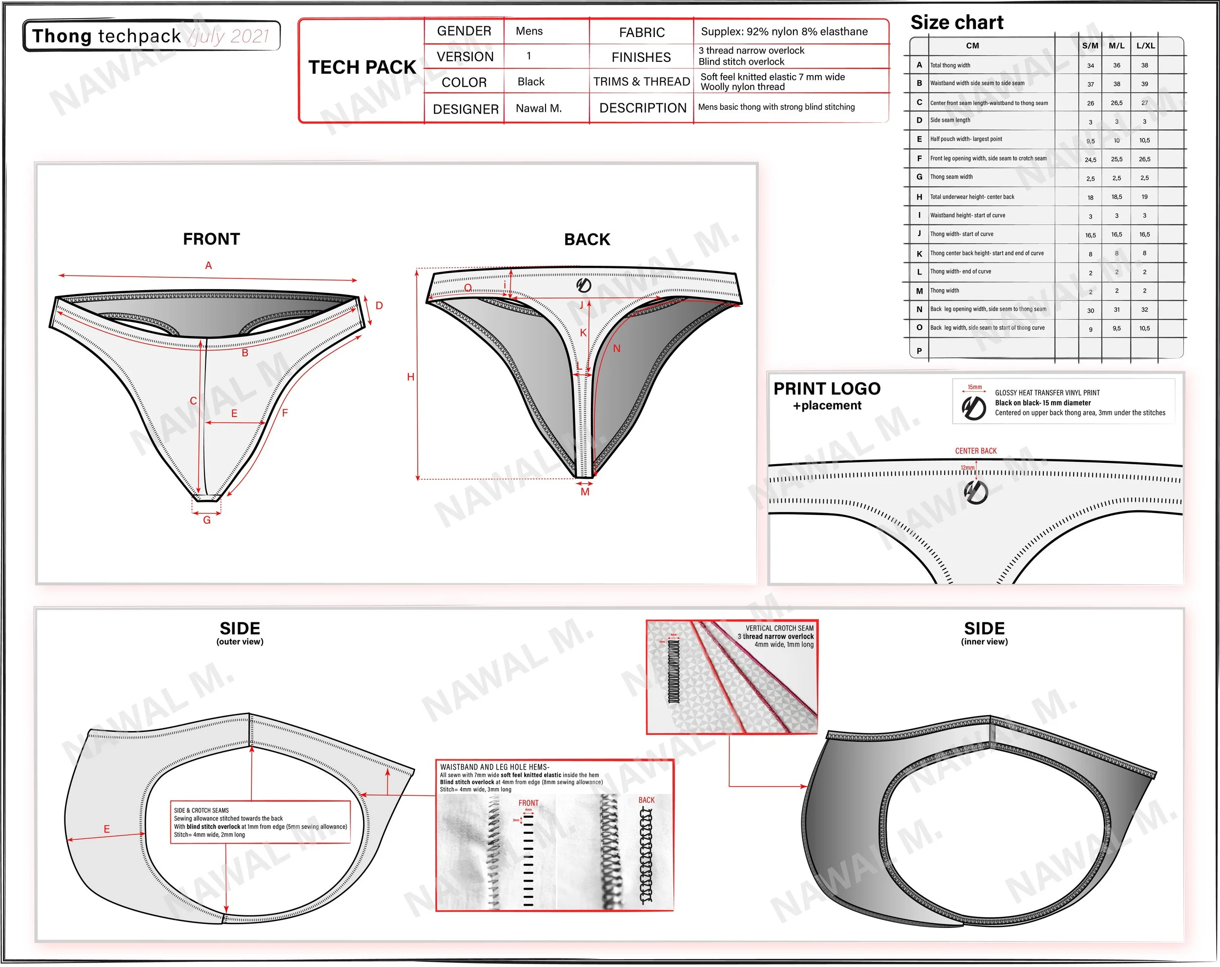 Technical drawing and specifications for men's thong underwear