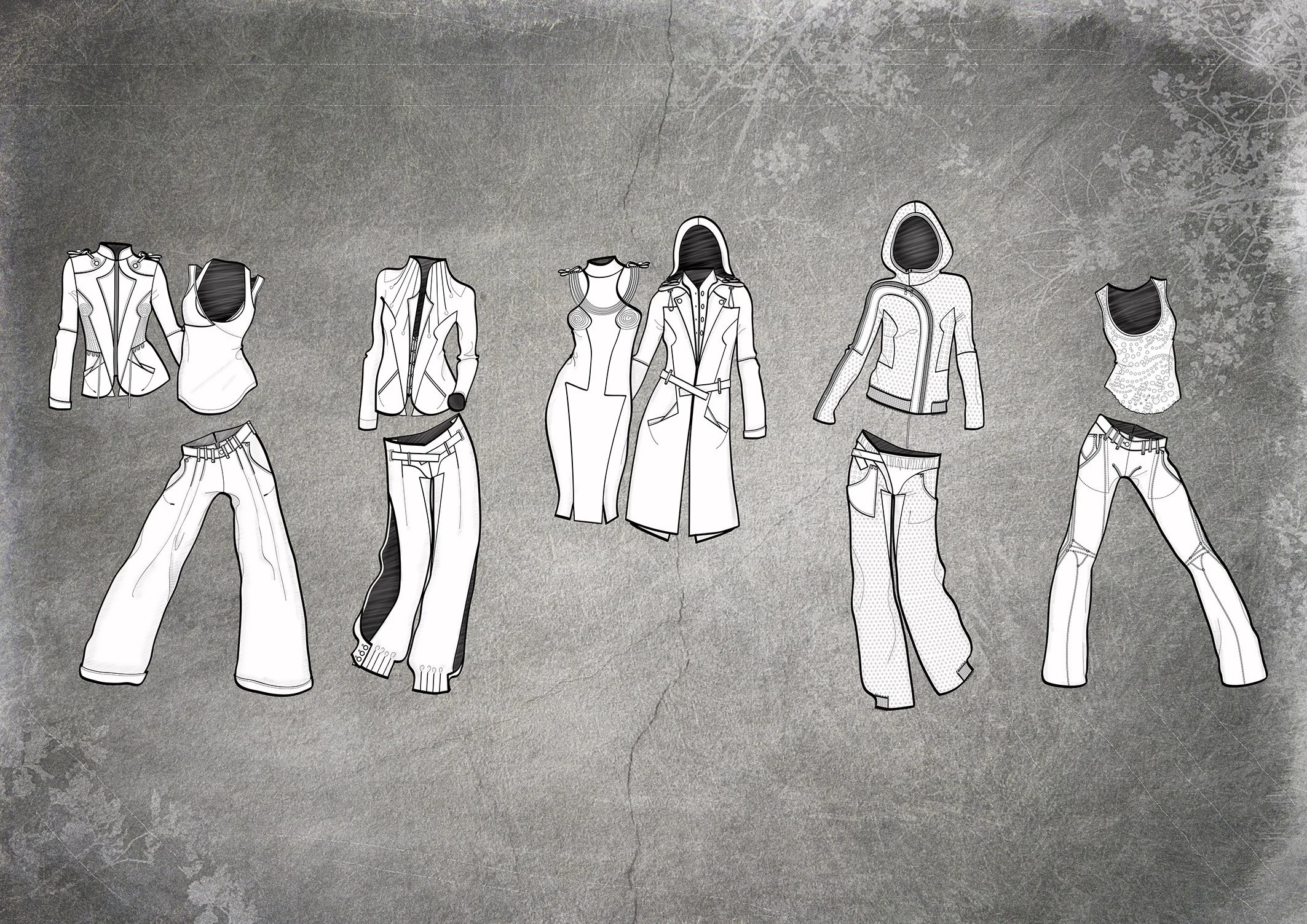 Nawal Mrabet Paris :Digital flat vector sketches of various casual and sporty women's clothing including jackets, tops, pants, and jumpsuits,