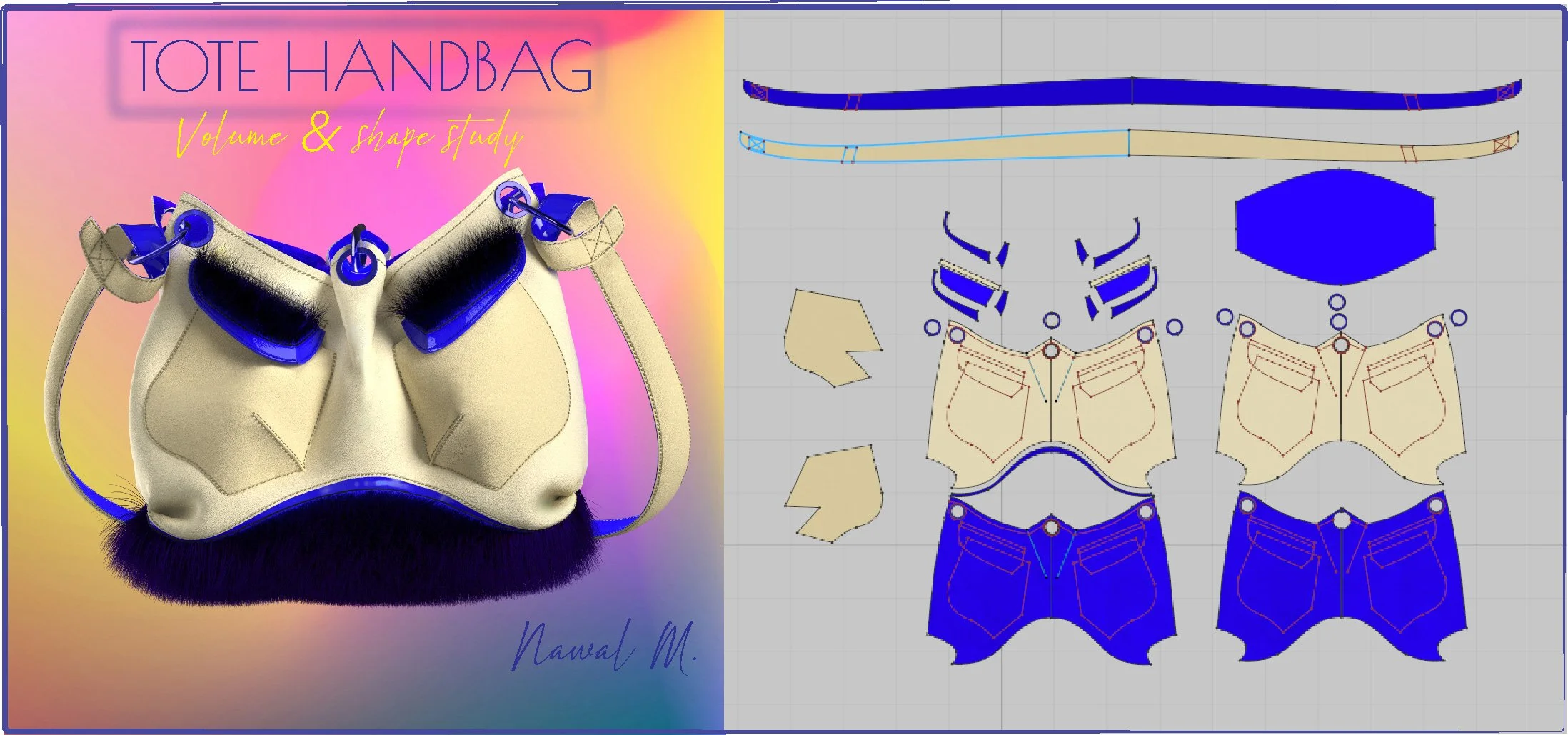 Image displaying a study of a tote handbag's volume and shape, featuring a 3D rendered handbag on the left side and a digital pattern layout on the right side with fabric cutouts and sewing lines.