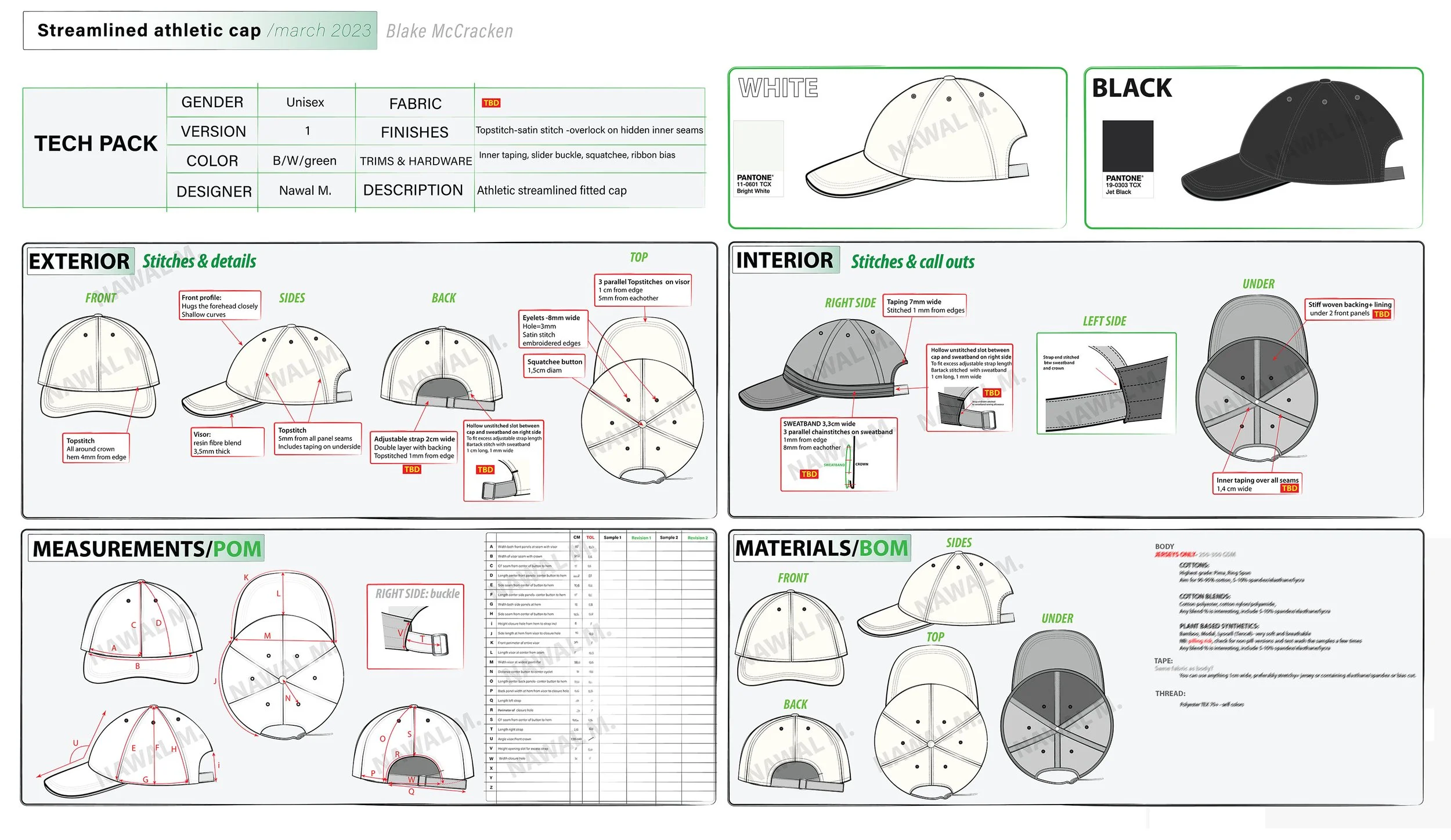Technical drawing and specifications of a sports cap in white and black, including design details, measurements, and materials.