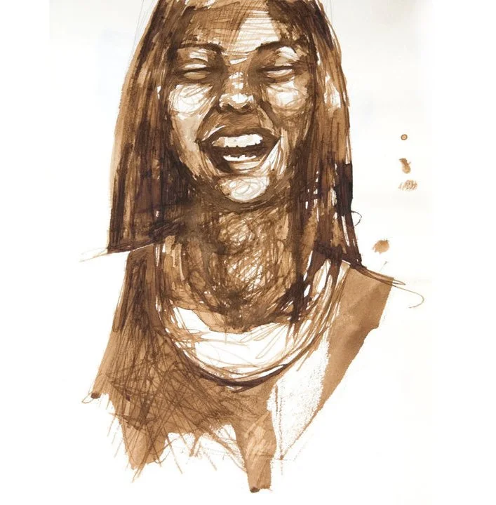 A sketch of a woman smiling with her eyes closed, wearing a necklace and a sleeveless top.