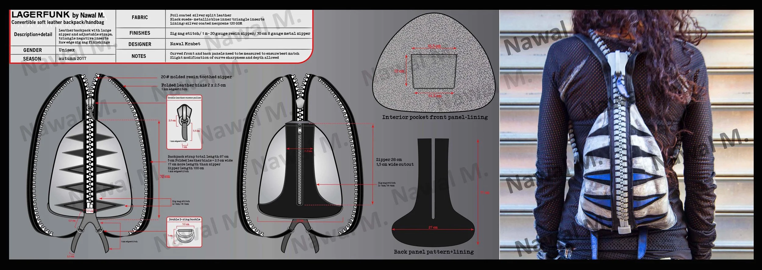Design schematic of a convertible soft leather backpack with specifications, measurements, and detailed diagrams, featuring a person wearing a similar backpack with a skull design on the front, standing outdoors against a wooden backdrop.