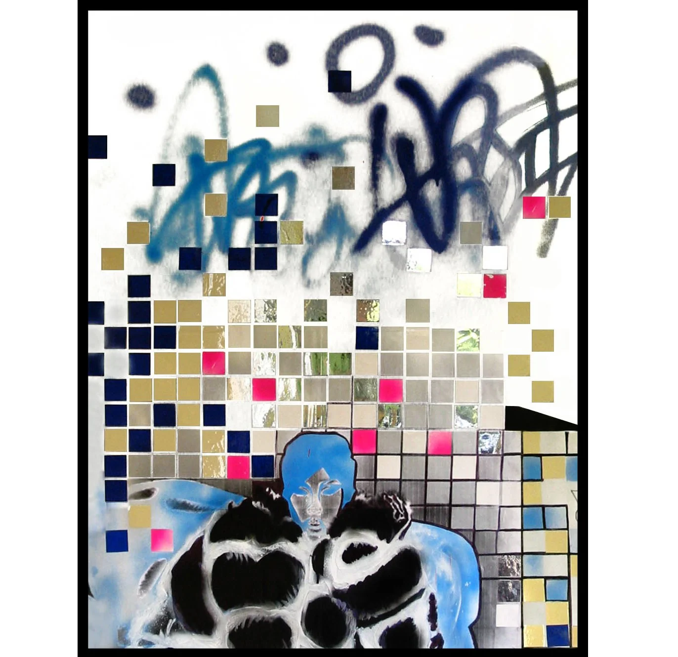 A mixed media art piece combining graffiti, mosaic tiles, and a painted portrait of a person with blue hair and dark hair, surrounded by black, pink, yellow, gray, and blue colors.