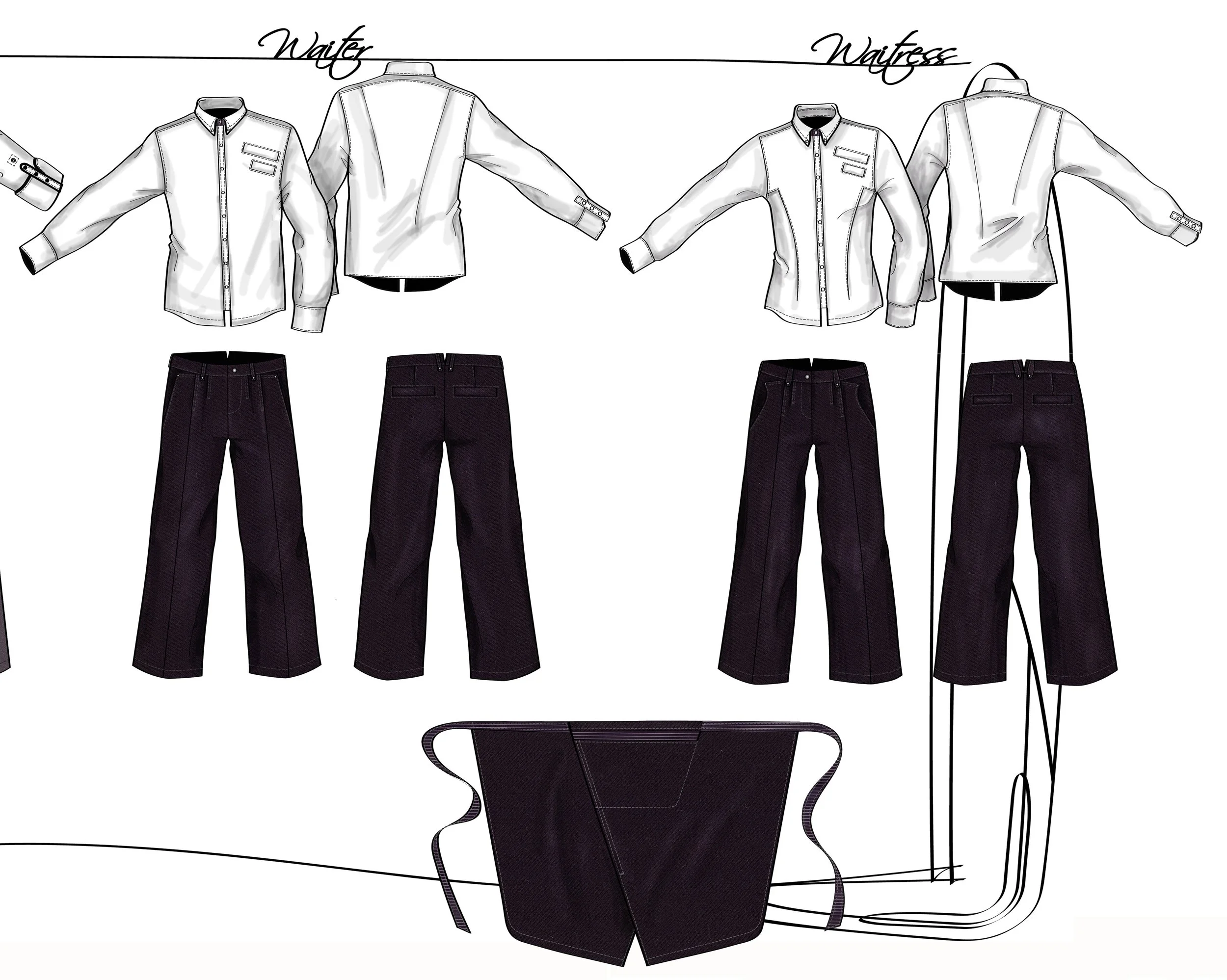 Nawal Mrabet Paris uniform designer, styliste créatrice de mode uniformes, waiter serveurs jackets, pants, and an apron, with separate male and female chef styles, 