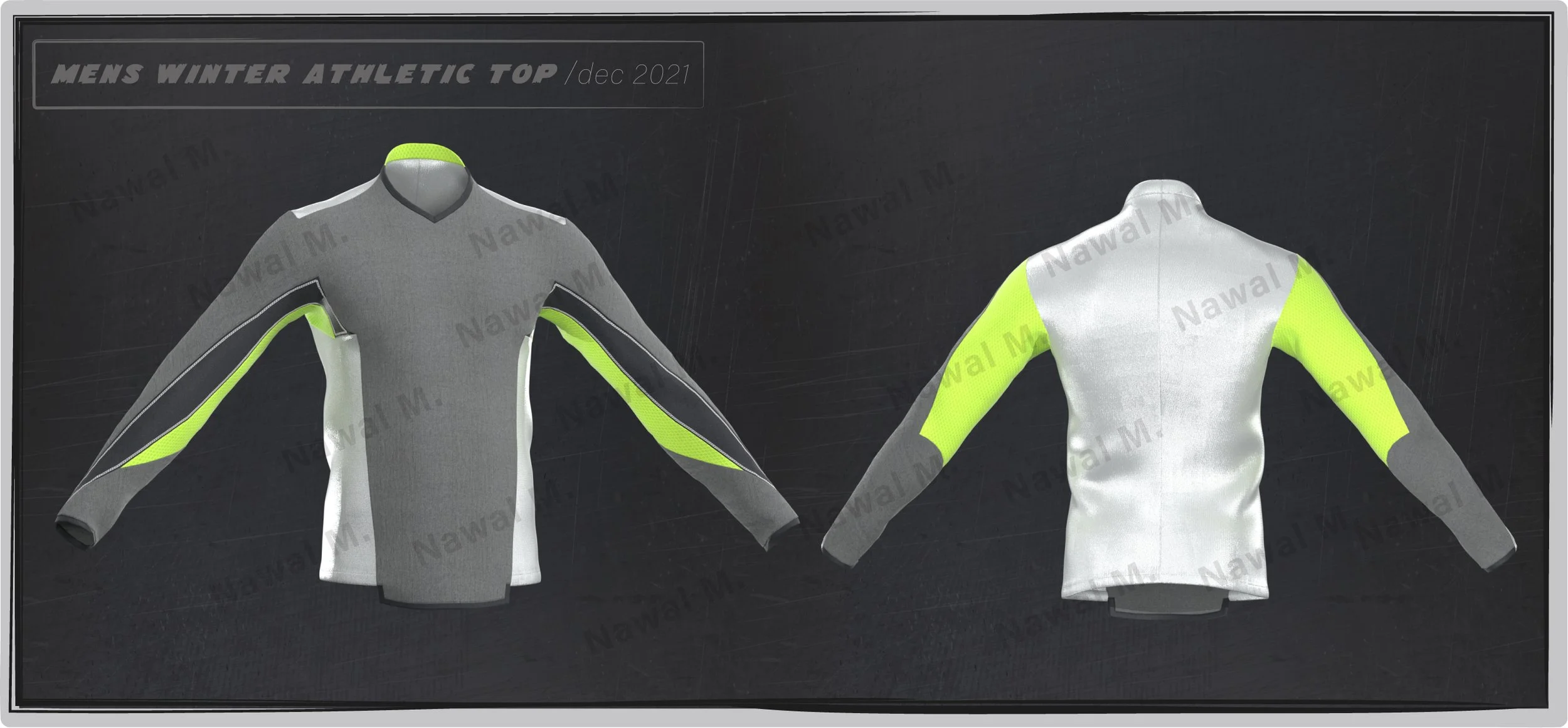 Two men's winter athletic tops, front and back views, with gray, white, and bright yellow-green accents, displayed against a dark background.
