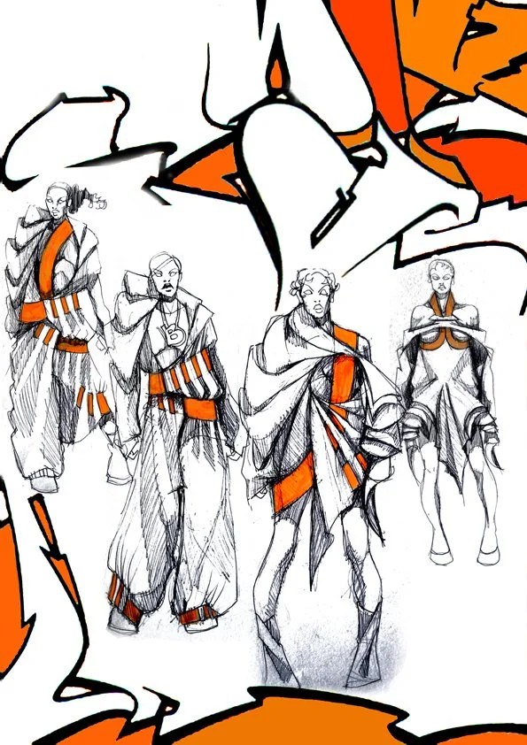 Four women in fashion sketches wearing outfits with bold orange, black, and white designs in front of a graffiti-style background.