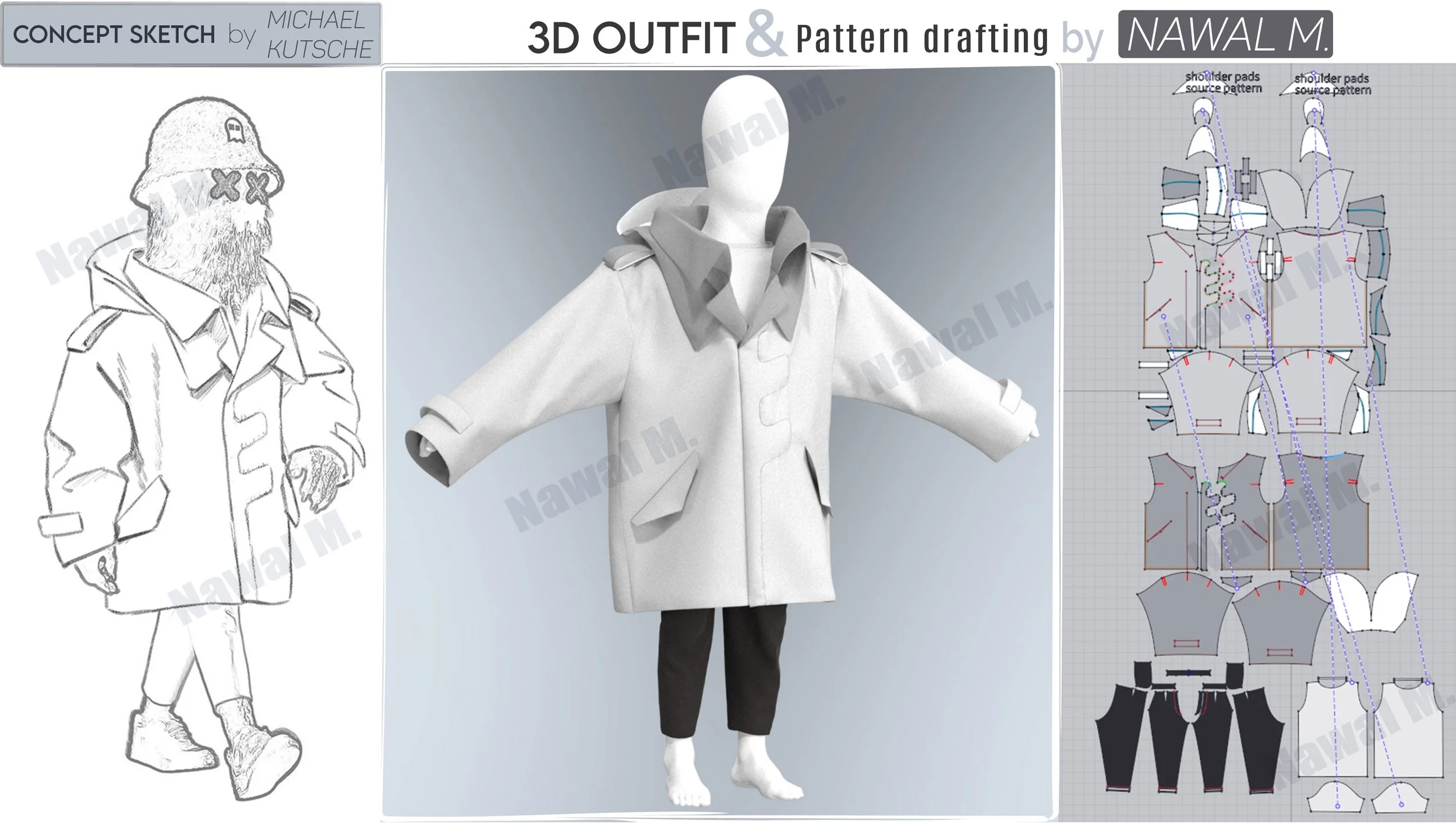 Nawal Mrabet paris styliste modéliste graphiste textile, patronage 3D, CLO3D, 3D fashion, pattern drafting, fashion designer, NFT clothing, gaming clothing, avant garde