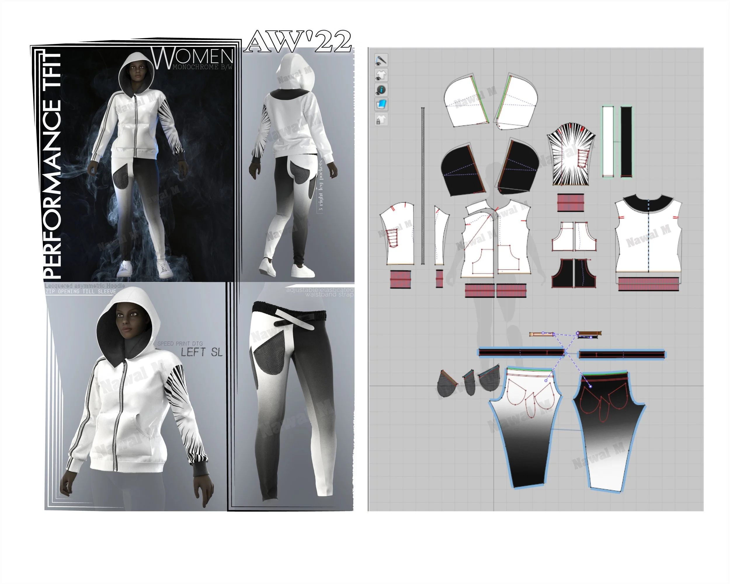 Fashion design collage featuring a white hoodie with black and gray accents, black and white printed jogger pants, and the text 'Performance Fit AW '22 Women's Monochrome Black and White.' The collage includes 3D modeling patterns, technical sketches