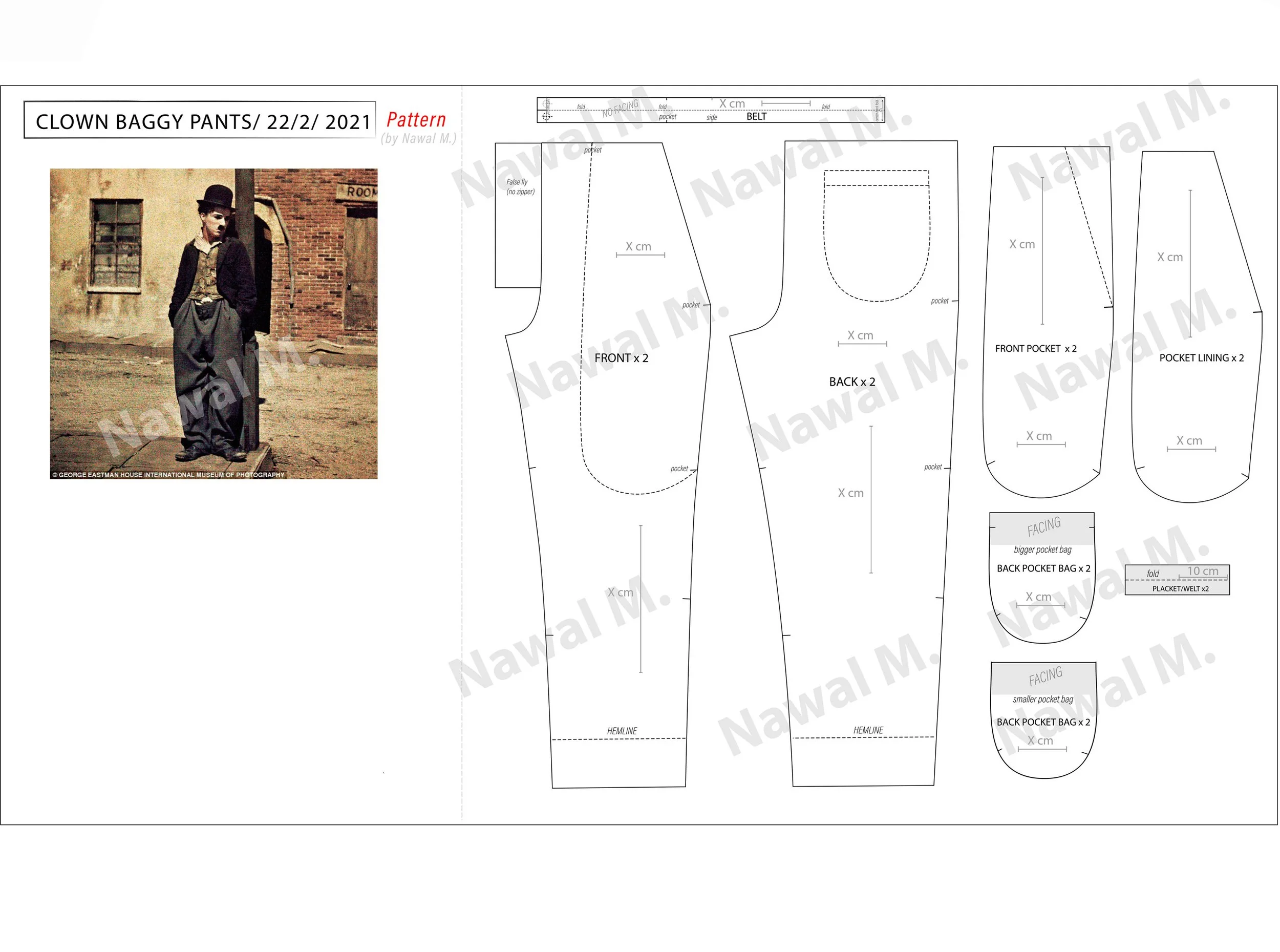 Pattern design for clown baggy pants with a historical photograph of a clown wearing the pants, featuring a brick wall background, and a sewing pattern with labeled pieces for making the pants.