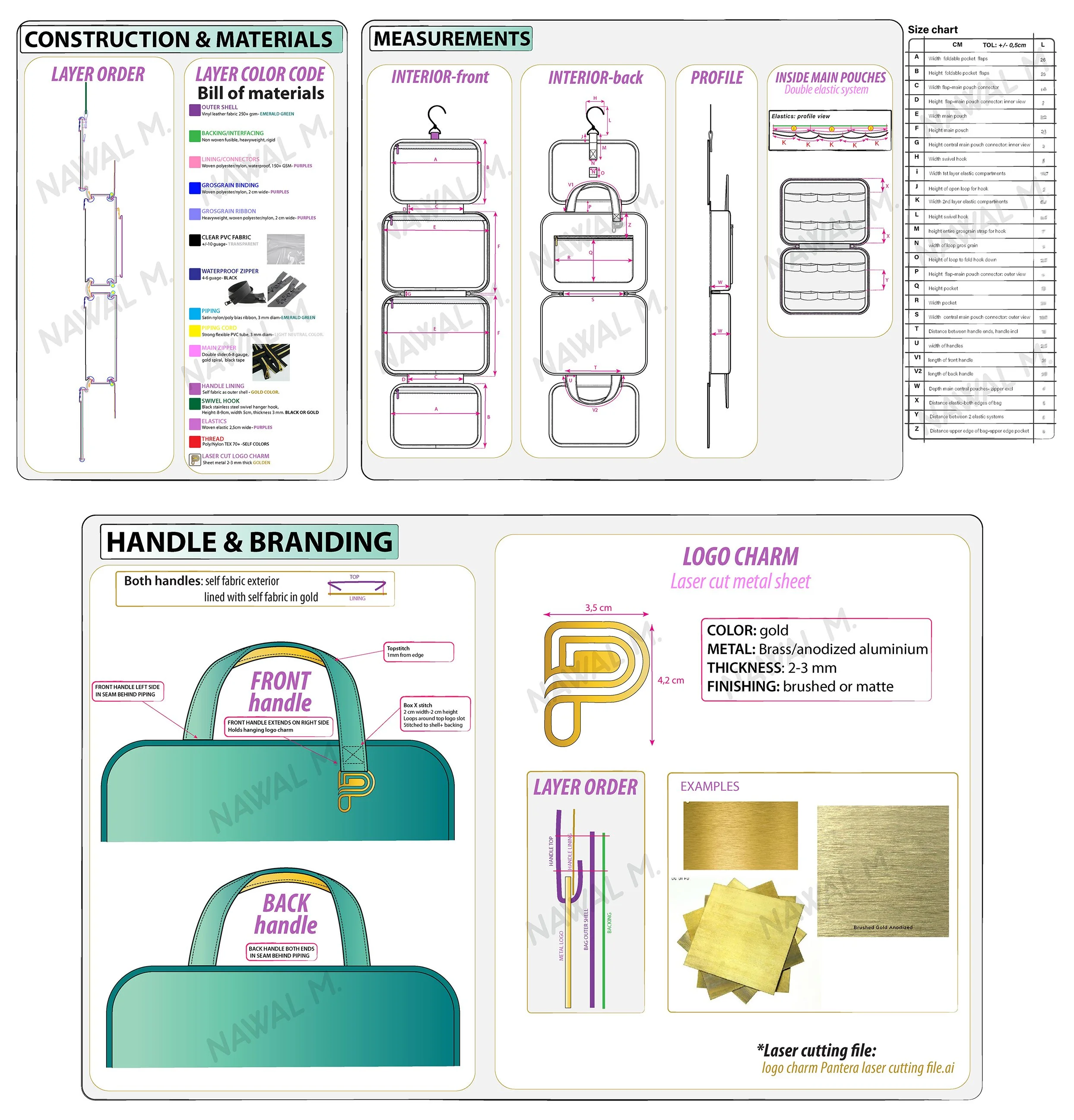 Design specifications for a bag, including materials, measurements, handle branding, and logo charms, with diagrams and color examples.