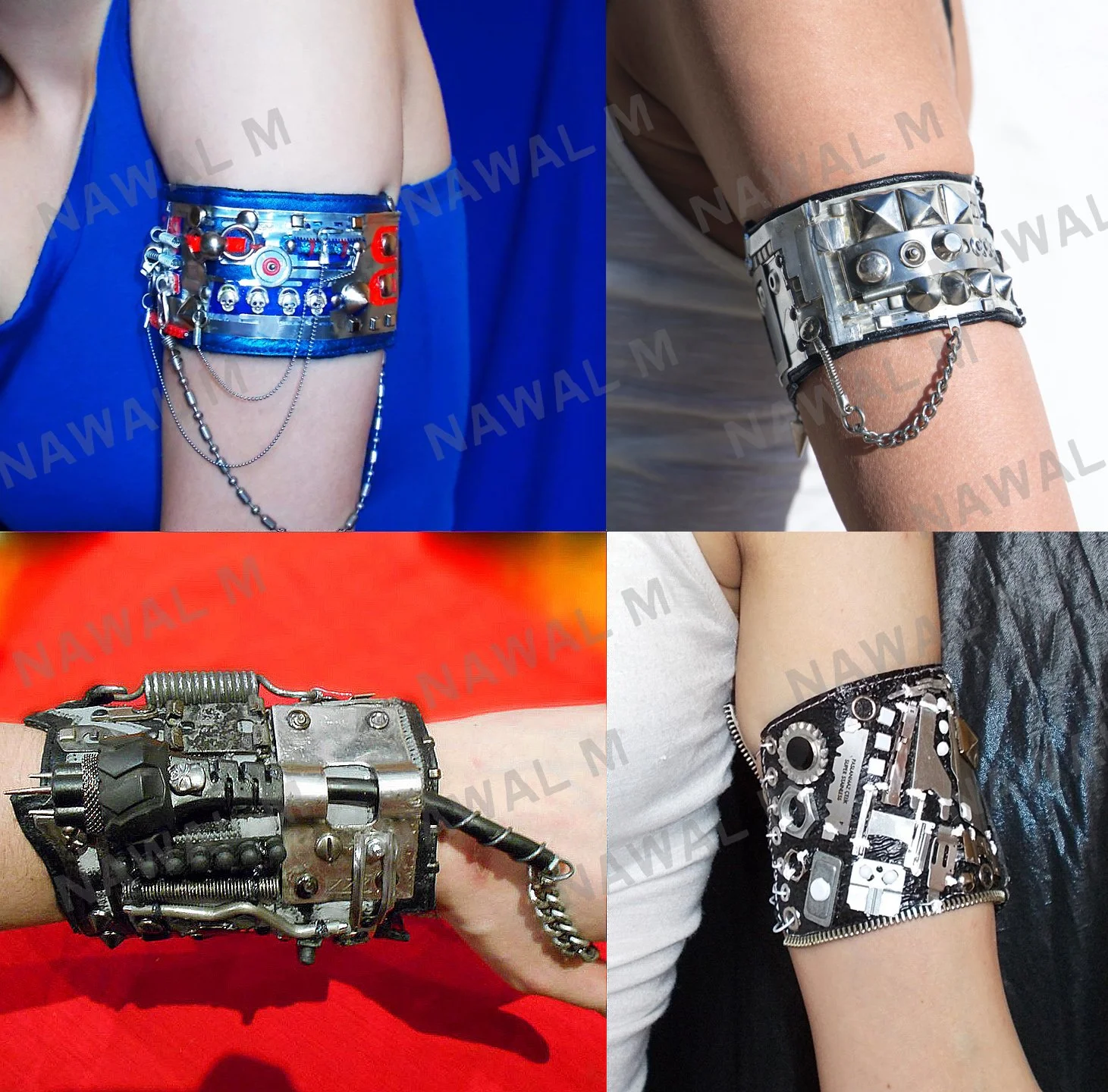 Four separate images of arms wearing intricate metal cuffs with mechanical and steampunk design elements.