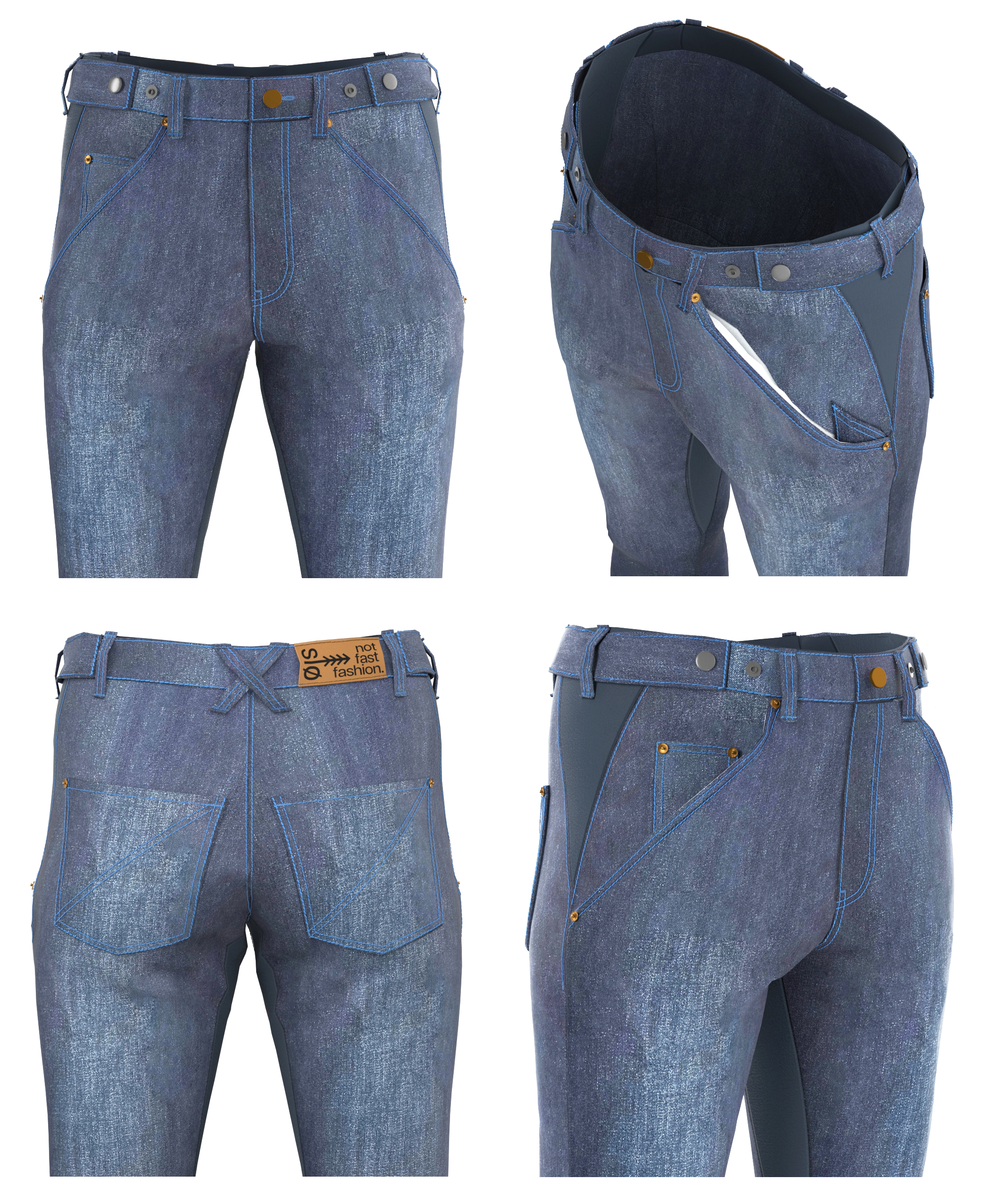 A pair of jeans shown from front and back views with digital blending, with blue stitching, a leather patch on the waistband, and a unique design with a cutout on the side.