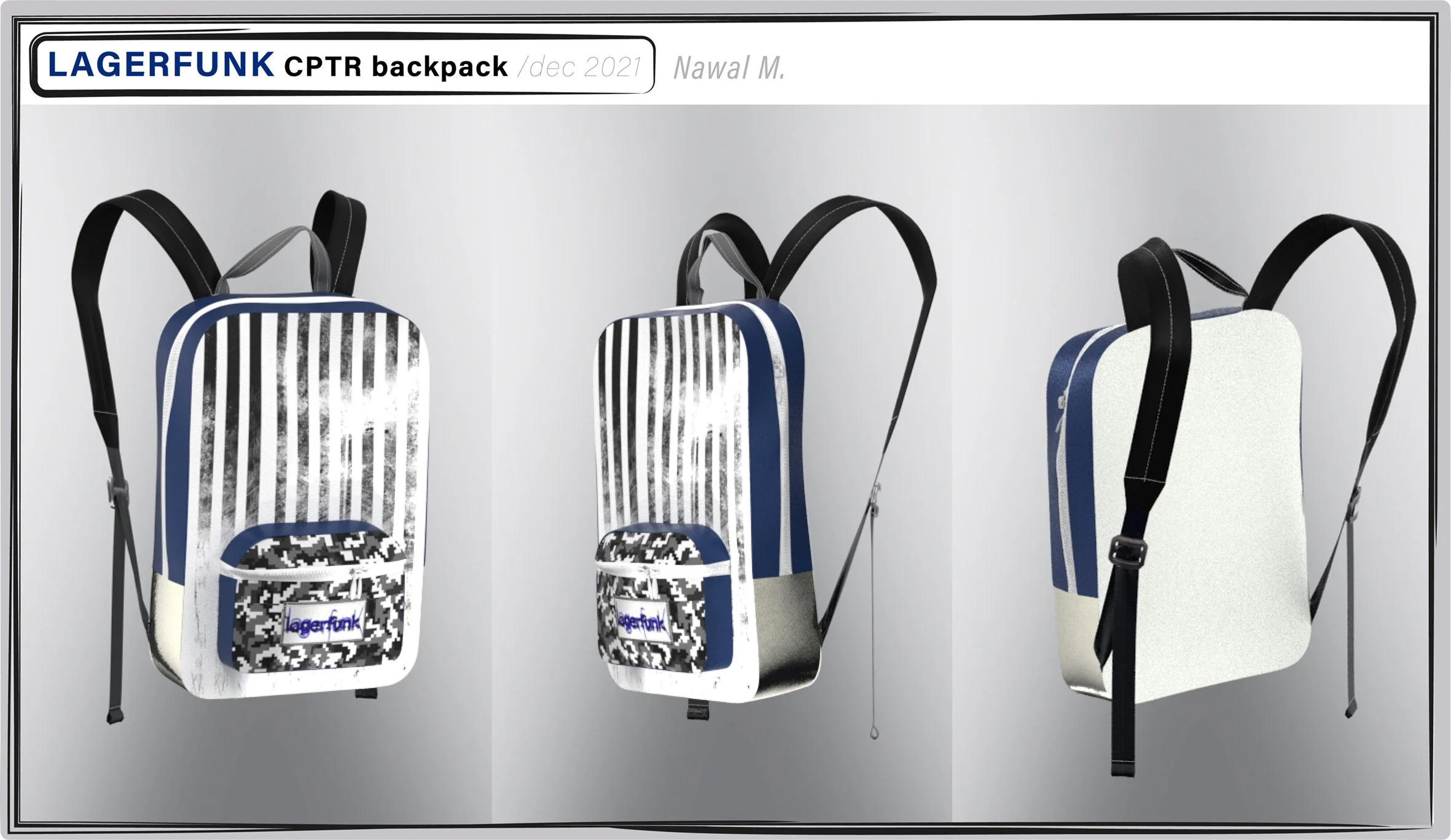 Three backpacks with stripe patterns, displayed against a plain background, branded with LagerFunk logo, each featuring different color schemes and design details.