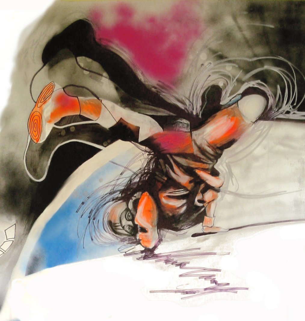 An abstract artistic illustration of a person with long hair, wearing headphones, with a mix of black, orange, and pink tones, and various lines and shapes surrounding them.