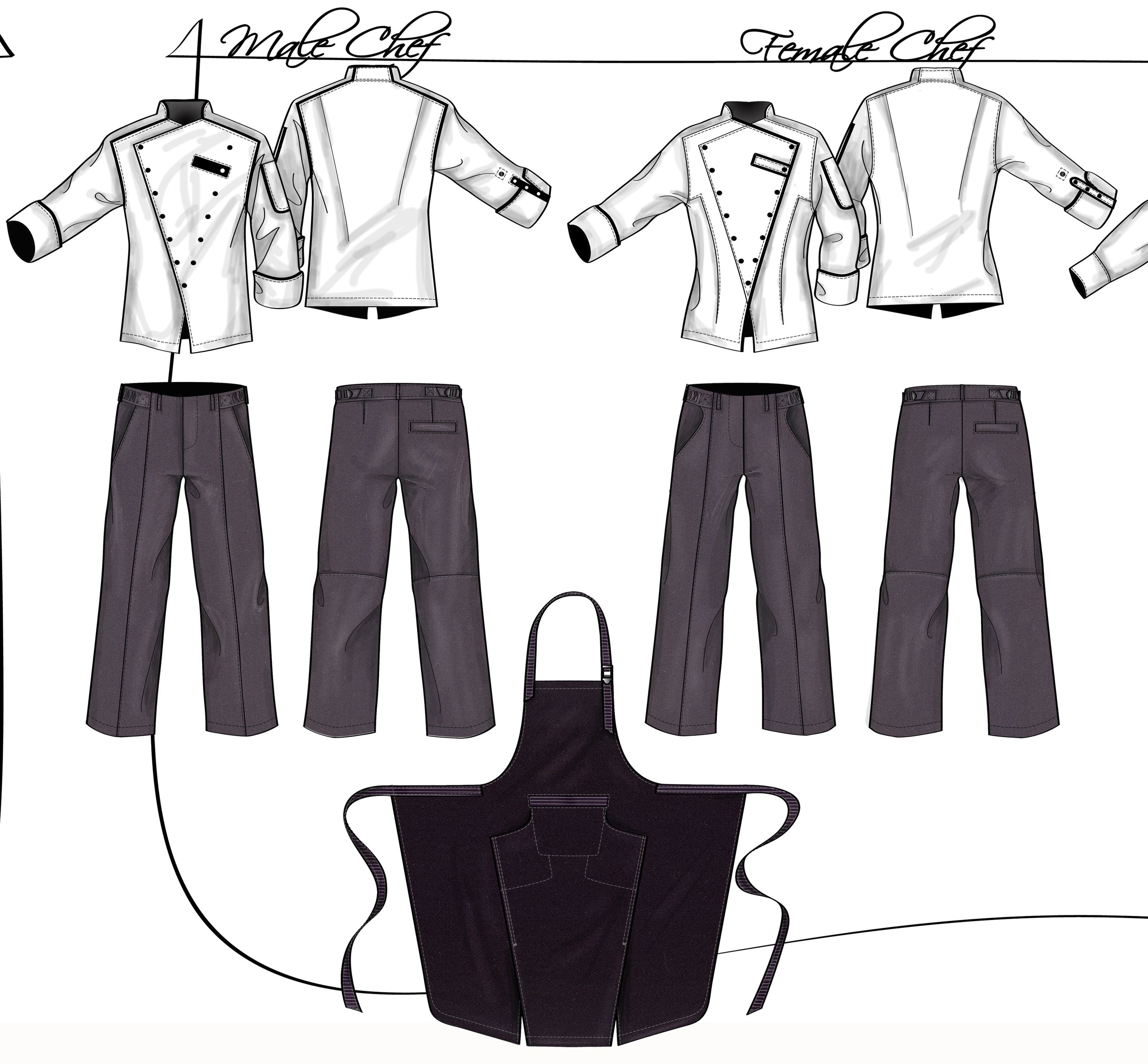 Nawal Mrabet uniform designer, styliste uniformes, chef jackets, pants, and an apron, with separate male and female chef styles, 