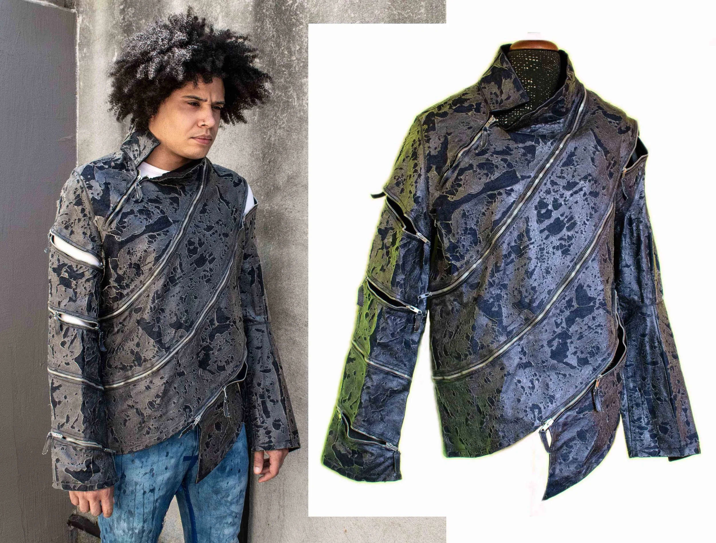 Nawal Mrabet Lagerfunk custom distressed jeans jacket, veste denim sur mesure, pièce unique, futuriste, luxury streetwear, cyber, punk, avant garde