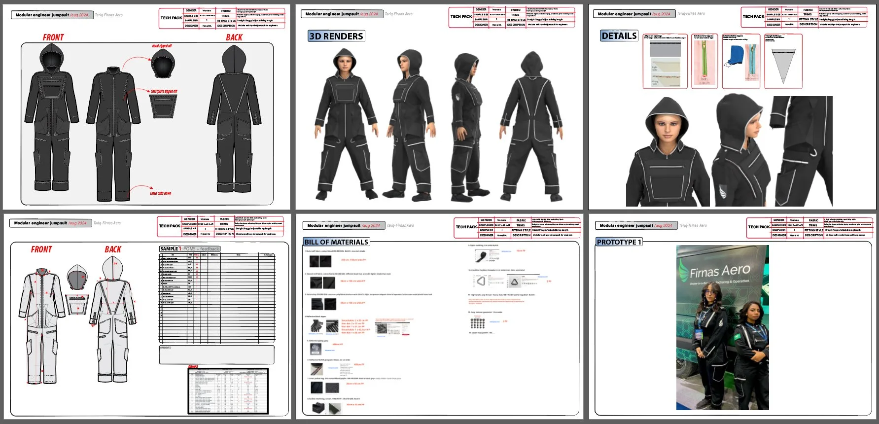 Nawal Mrabet  senior technical designer paris Styliste modéliste Tech pack modular engineer jumpsuit, vector flat sketches, 3D renderings,prototype photos, and technical specifications.